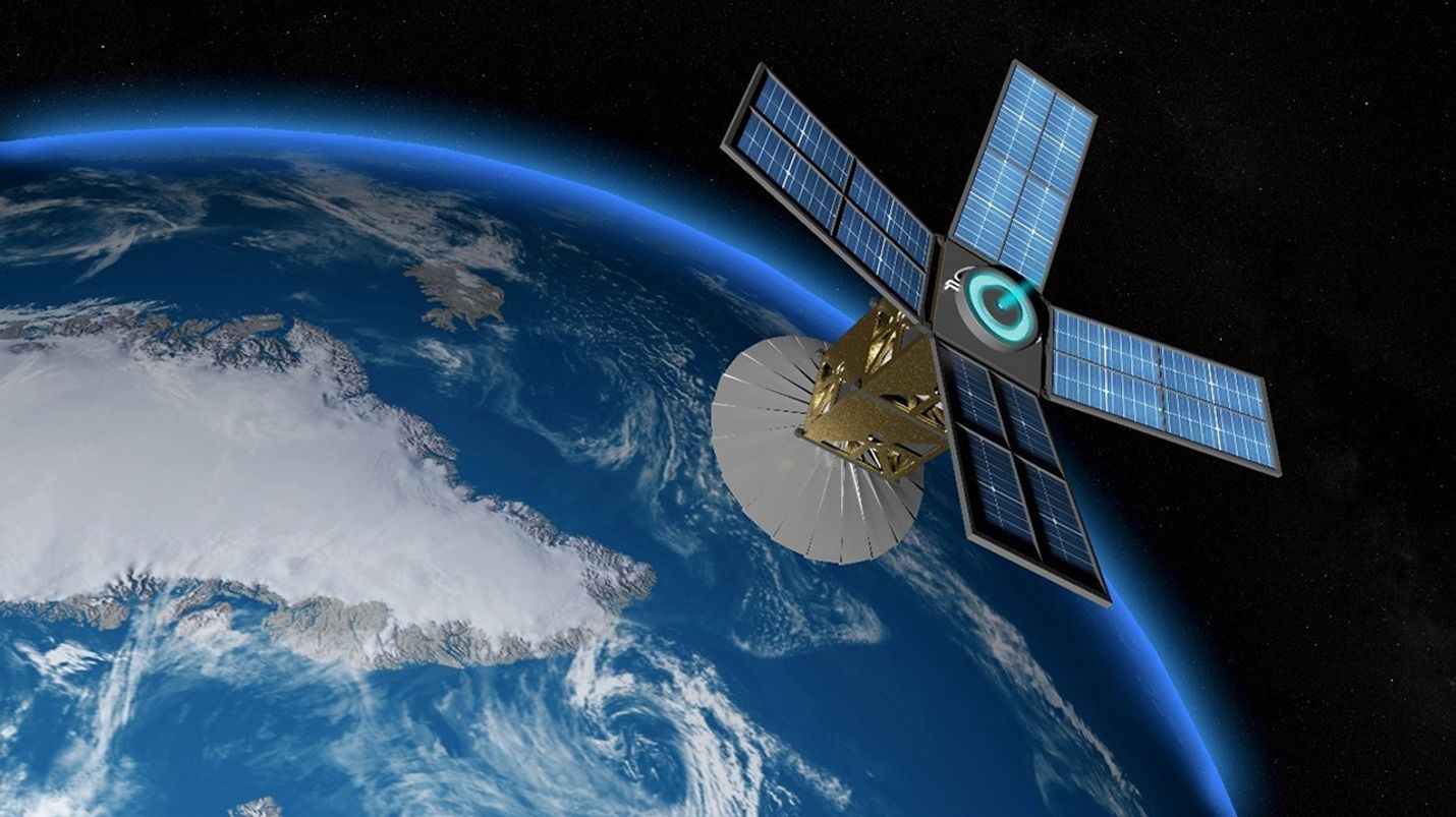 Illustration of a CubeSat in orbit around Earth, featuring four extended solar panels and a dish antenna, with a view of Earth's surface, including ice-covered regions and ocean.