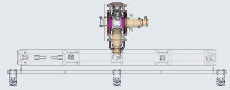 engineering drawing  with a purple vertical block attached to two lower horizontal gray blocks.