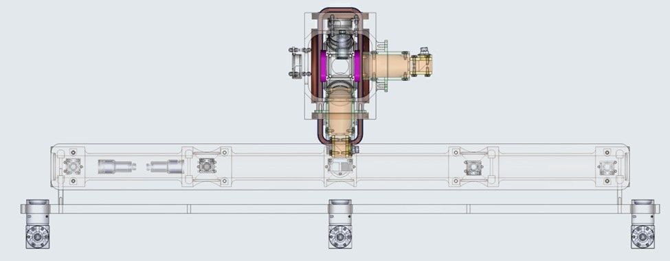 engineering drawing  with a purple vertical block attached to two lower horizontal gray blocks.