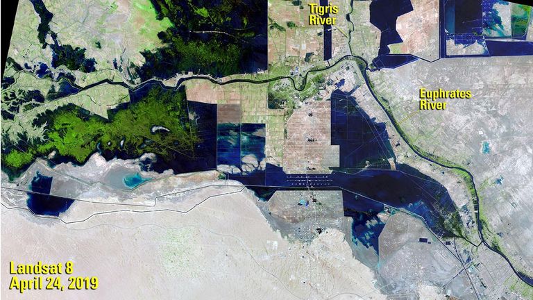 UNESCO declared southern Iraq’s marshes (“al-Ahwar” in Arabic) a World Heritage Site in 2016, citing their biodiversity and contribution to ancient Mesopotamian societies. The organization says the marshlands covered some 8,000 square miles (20,000 square kilometers) until the 1970s. The 1986 image shows that as of that year, lush vegetation remained on both sides of the Euphrates River. But government projects choked off the area’s water, and by 2001, the wetlands were reduced to a few hundred square miles. With subsequent restoration efforts, they have been making a slow recovery. The 1986 image was taken by Landsat 5. The 2019 image was taken by Landsat 8. Source: U.S. Geological Survey’s National Land Imaging Image Collections and UNESCO.