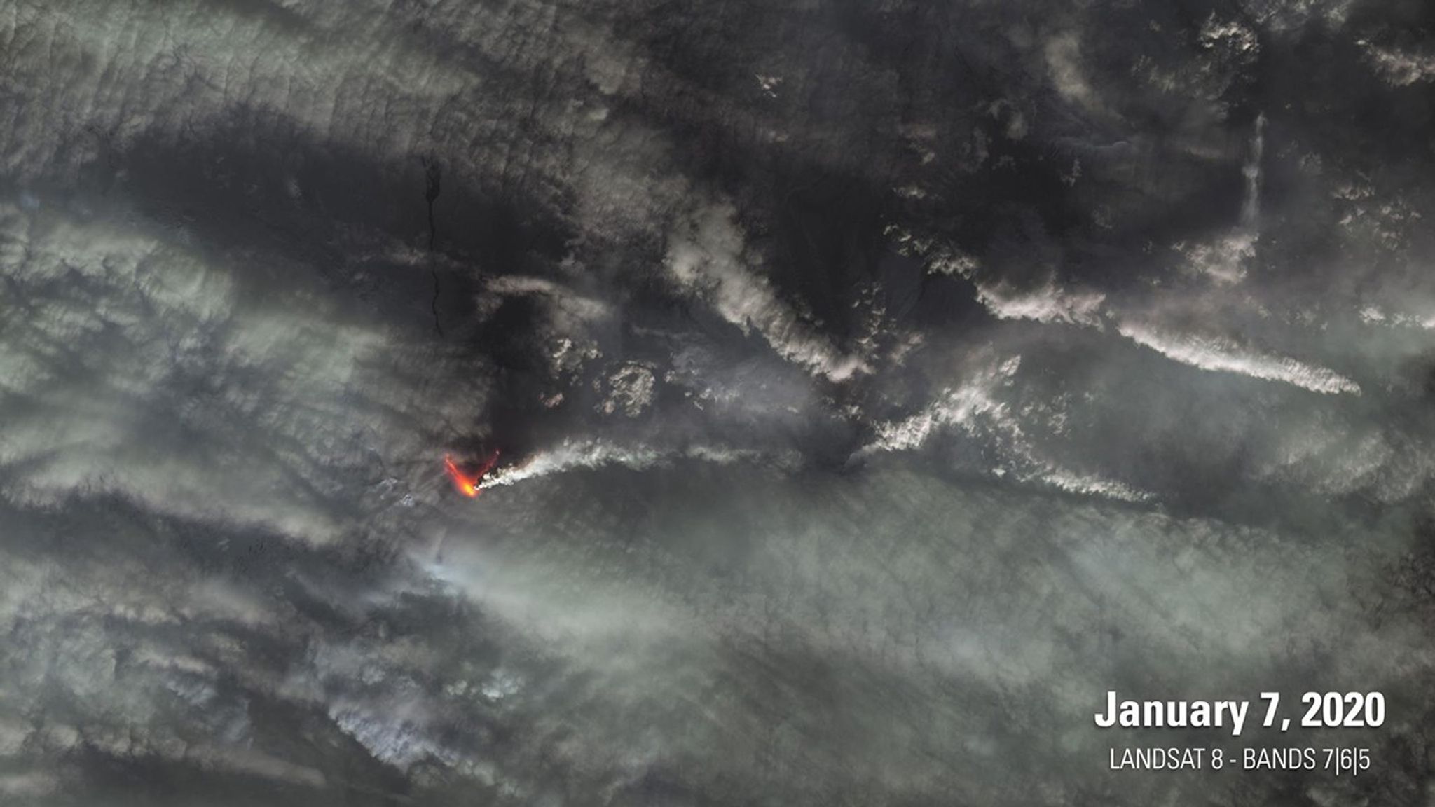 The 2019 image shows Mt. Shishaldin (left), a volcano on the eastern edge of Alaska's Aleutian Island chain, after a series of low-level eruptions that occurred the previous month. The 2020 image catches Shishaldin during a larger eruption that shot a plume of ash 5 miles (8 kilometers) into the sky. The bright yellow and red are false-color representations of what the satellite saw at infrared wavelengths. Images taken by Landsat 8. Source: U.S. Geological Survey’s National Land Imaging Image Collections