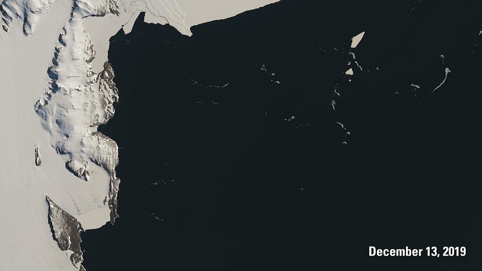 These images contrast the sunlight Antarctica receives near spring equinox (September image) and summer solstice (December image). The low sun angles near equinox create longer shadows that reveal the ruggedness of the mountains. The higher angles near solstice shorten the shadows and brighten the landscape, while the marked reduction in sea ice exposes more of the darker ocean.   Images taken by Landsat 8. Source: U.S. Geological Survey’s National Land Imaging Image Collections
