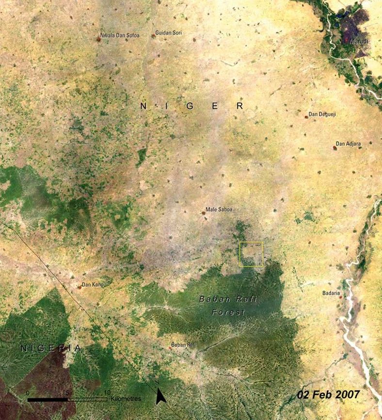 Baban Rafi Forest is the most significant area of woodland in the Maradi Department of Niger, a west African country on the southern edge of the Sahara Desert. Located at the southern extreme of the Sahel, Baban Rafi has areas of both savannah and Sahelian vegetation. These pictures show the loss of a significant fraction of the natural landscape (darker green areas) of the forest to agriculture. Population in this region quadrupled during the 40 years leading up to the 2007 image, and intense demand for agricultural land has led to near-continuous use, with shortened or no fallow period to recover fertility. The remaining woodlands are overly exploited for fuel wood and non-wood forest products. Source: United Nations Environment Programme (UNEP). From Africa Atlas of our Changing Environment (2008); Division of Early Warning and Assessment (DEWA), UNEP, Nairobi, Kenya.
