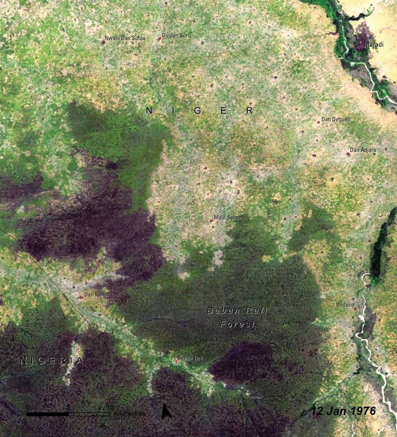 Baban Rafi Forest is the most significant area of woodland in the Maradi Department of Niger, a west African country on the southern edge of the Sahara Desert. Located at the southern extreme of the Sahel, Baban Rafi has areas of both savannah and Sahelian vegetation. These pictures show the loss of a significant fraction of the natural landscape (darker green areas) of the forest to agriculture. Population in this region quadrupled during the 40 years leading up to the 2007 image, and intense demand for agricultural land has led to near-continuous use, with shortened or no fallow period to recover fertility. The remaining woodlands are overly exploited for fuel wood and non-wood forest products. Source: United Nations Environment Programme (UNEP). From Africa Atlas of our Changing Environment (2008); Division of Early Warning and Assessment (DEWA), UNEP, Nairobi, Kenya.