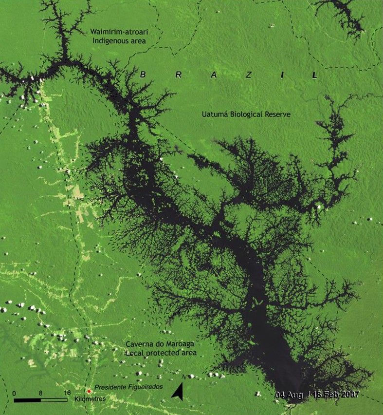 The Balbina hydroelectric plant, on the Uatumâ River in Amazon State, occupies about a third of the Waimiri-Atroari indigenous territory. The dam's reservoir covers 2,360 square kilometers (911 square miles). More than 100,000 million metric tons of vegetation were flooded to build the dam. It was designed to produce up to 250 megawatts to supply the energy demand of the city of Manaus, but a study shows that it generates less than half that amount. Source: United Nations Environment Programme (UNEP). From Latin America and the Caribbean Atlas of our Changing Environment (2010).