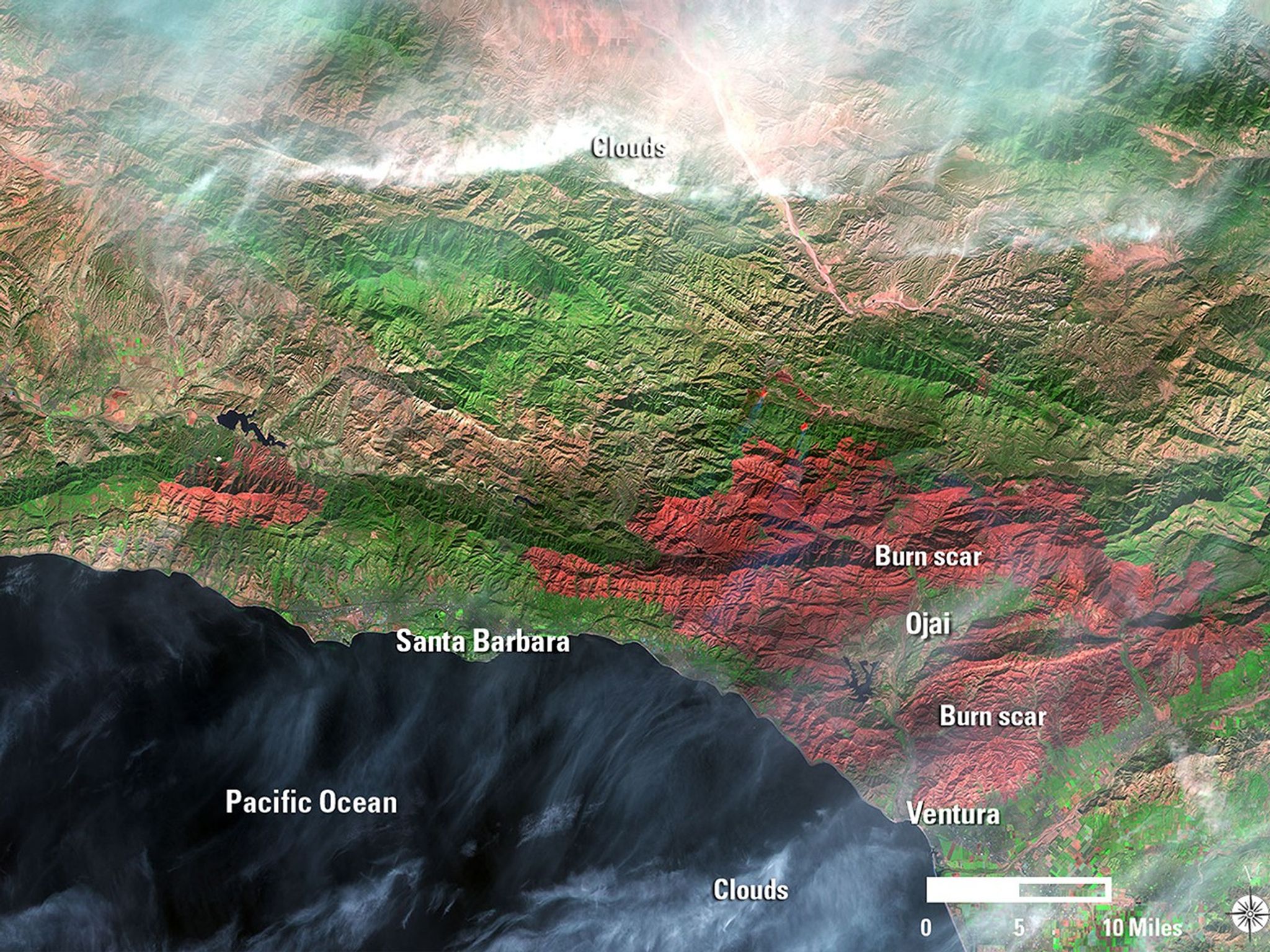 From the time California began reliable record-keeping in 1932, the Thomas fire in late 2017 was the state's largest wildfire until the Mendocino Complex fire set a new record in 2018. Strong, dry Santa Ana winds spread the flames rapidly through dry brush in Southern California’s Ventura and Santa Barbara counties, burning nearly 282,000 acres. The November image shows the region before the fire began. In the December image, burned areas appear red and unburned vegetation is green. These false-color images are based on infrared data. Images taken by Landsat 8. Source: U.S. Geological Survey’s Land Remote Sensing Image Collections: here and here.