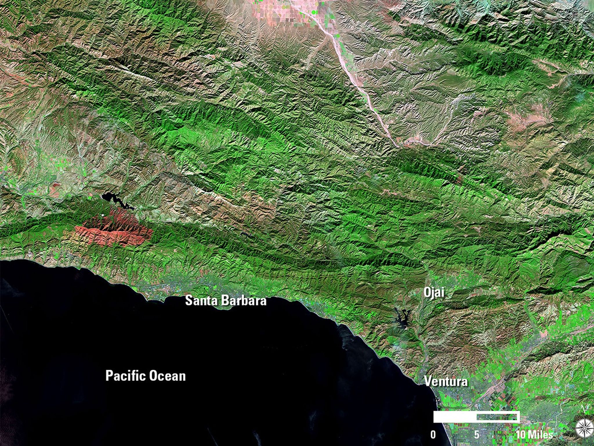 From the time California began reliable record-keeping in 1932, the Thomas fire in late 2017 was the state's largest wildfire until the Mendocino Complex fire set a new record in 2018. Strong, dry Santa Ana winds spread the flames rapidly through dry brush in Southern California’s Ventura and Santa Barbara counties, burning nearly 282,000 acres. The November image shows the region before the fire began. In the December image, burned areas appear red and unburned vegetation is green. These false-color images are based on infrared data. Images taken by Landsat 8. Source: U.S. Geological Survey’s Land Remote Sensing Image Collections: here and here.