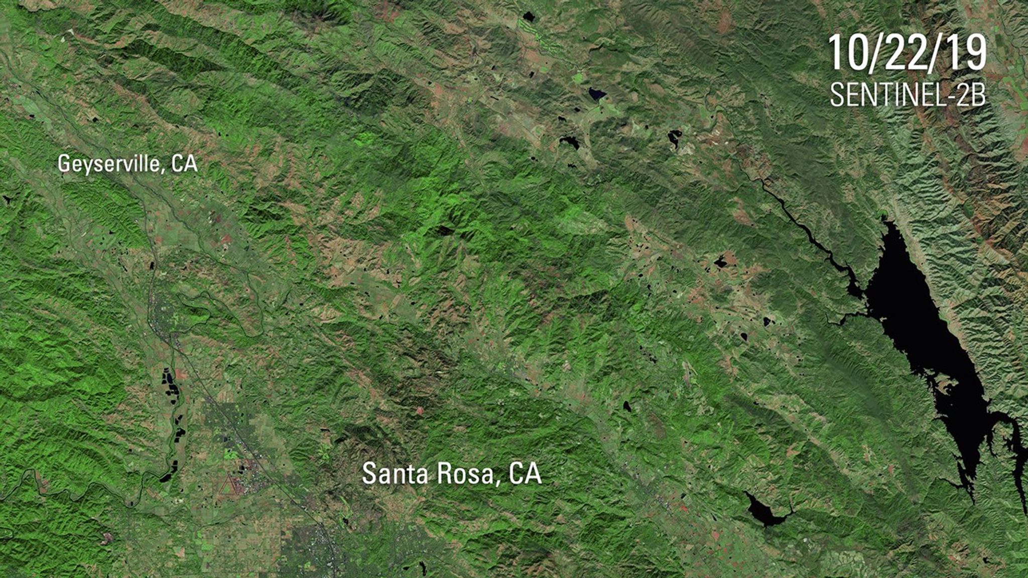 These images show a portion of Northern California before and during the Kincade Fire, which burned nearly 78,000 acres (about 31,500 hectares) from Oct. 23 to Nov. 6, 2019. Evacuation zones included the entire towns of Geyserville, Healdsburg and Windsor, and the northern part of Santa Rosa. Wildfires burned more than 100,000 acres (40,000 hectares) of a nearby area about two years earlier. Images taken by the European Space Agency's Sentinel-2A and -2B satellites. Source: U.S. Geological Survey’s National Land Imaging Image Collections