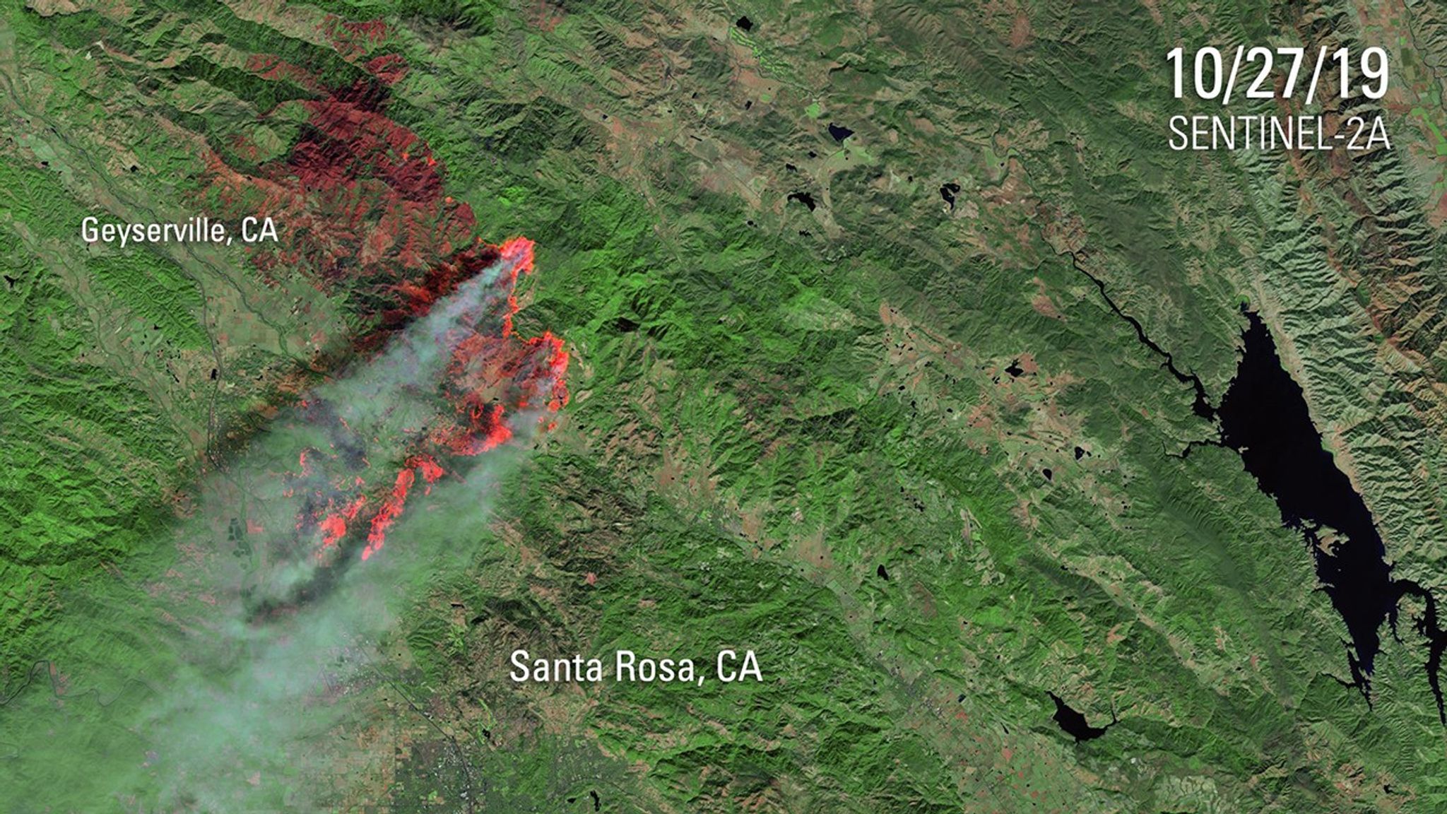 These images show a portion of Northern California before and during the Kincade Fire, which burned nearly 78,000 acres (about 31,500 hectares) from Oct. 23 to Nov. 6, 2019. Evacuation zones included the entire towns of Geyserville, Healdsburg and Windsor, and the northern part of Santa Rosa. Wildfires burned more than 100,000 acres (40,000 hectares) of a nearby area about two years earlier. Images taken by the European Space Agency's Sentinel-2A and -2B satellites. Source: U.S. Geological Survey’s National Land Imaging Image Collections