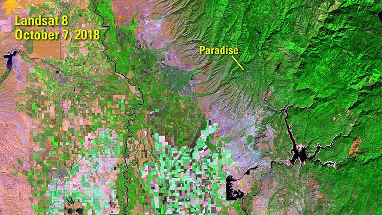 The Camp Fire burned more than 153,000 acres of Butte County, California, in November 2018. The California Department of Forestry and Fire Protection (CAL FIRE) reported that it was California’s deadliest and most destructive wildfire, responsible for 85 deaths and the loss of nearly 19,000 structures, including almost 14,000 residences. Fire appears red and smoke appears blue in the false-color image acquired in November, hours after it started. See also the Woolsey, Mendocino Complex, County, Thomas, and Wine Country fires. Images taken by Landsat 8. Source: U.S. Geological Survey’s National Land Imaging Image Collections