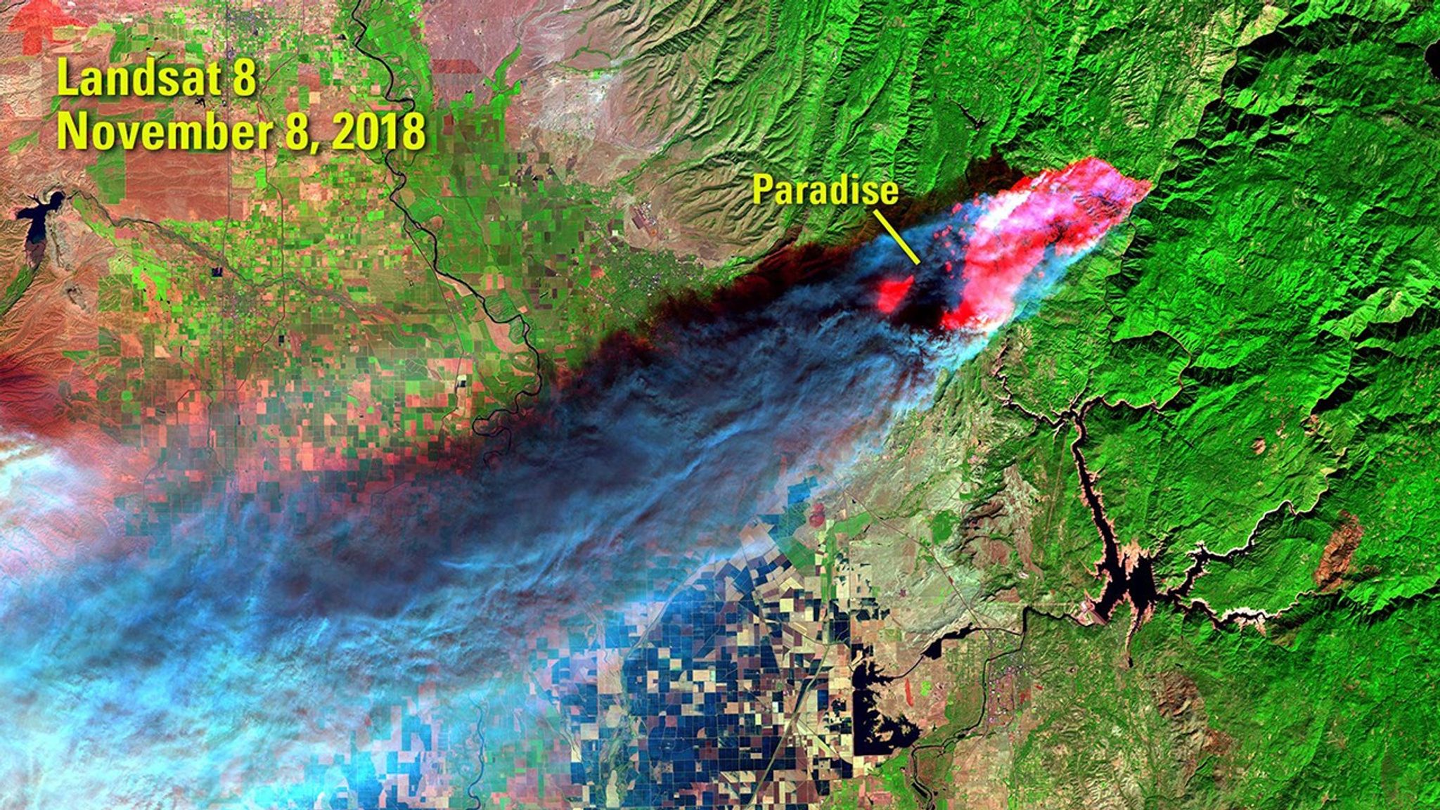 The Camp Fire burned more than 153,000 acres of Butte County, California, in November 2018. The California Department of Forestry and Fire Protection (CAL FIRE) reported that it was California’s deadliest and most destructive wildfire, responsible for 85 deaths and the loss of nearly 19,000 structures, including almost 14,000 residences. Fire appears red and smoke appears blue in the false-color image acquired in November, hours after it started. See also the Woolsey, Mendocino Complex, County, Thomas, and Wine Country fires.   Images taken by Landsat 8. Source: U.S. Geological Survey’s National Land Imaging Image Collections