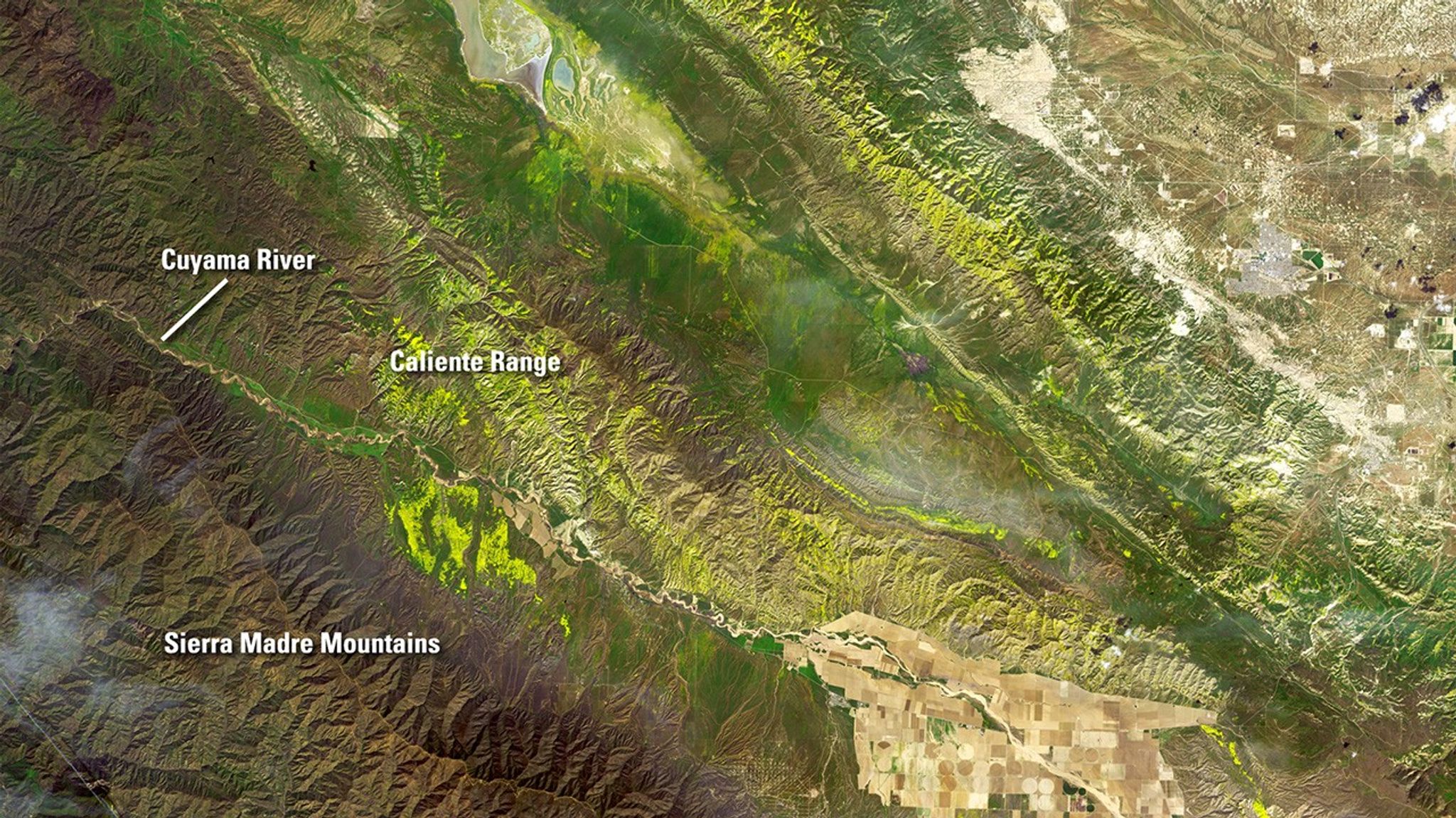 After five years of drought, California finally got relief during the winter of 2016-2017 with much-needed precipitation. As a result, brilliant shades of yellow and green bejeweled southern California. These natural color images show the difference in vegetation from March 2016 to March 2017, with an especially brilliant display in the latter image just south of the Cuyama River on the slopes of the Sierra Madre Mountains. Images taken by the Landsat 8 satellite. Source: U.S. Geological Survey (USGS) Landsat Missions Gallery: “The Wildflower Superbloom in California from Landsat's Perspective”; U.S. Department of the Interior / USGS and NASA.