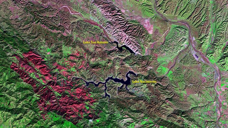 A decade of California drought eased after January 2017, thanks to heavy rains and snow. A year ago, when 40 percent of the state was in exceptional drought (the most severe category), Lake Nacimiento had been only 22 percent full in late 2016, but filled to 81 percent after the much-needed precipitation. Lake San Antonio, only 3 percent full and closed to the public in July 2015, recovered to 26 percent. A red burn scar from the Chimney Fire in August 2016 sits in the lower left of both images. (Drought conditions raise fire danger in the state.) All told, more than 48 percent of California was drought-free as of February 1, 2017, compared to only 5 percent a year ago, according to the Drought Monitor.   Images taken by the Landsat 8 satellite. Source: U.S. Geological Survey (USGS) Landsat Missions Gallery: “January Rain, Snow Refills California Reservoirs”; U.S. Department of the Interior / USGS and NASA.