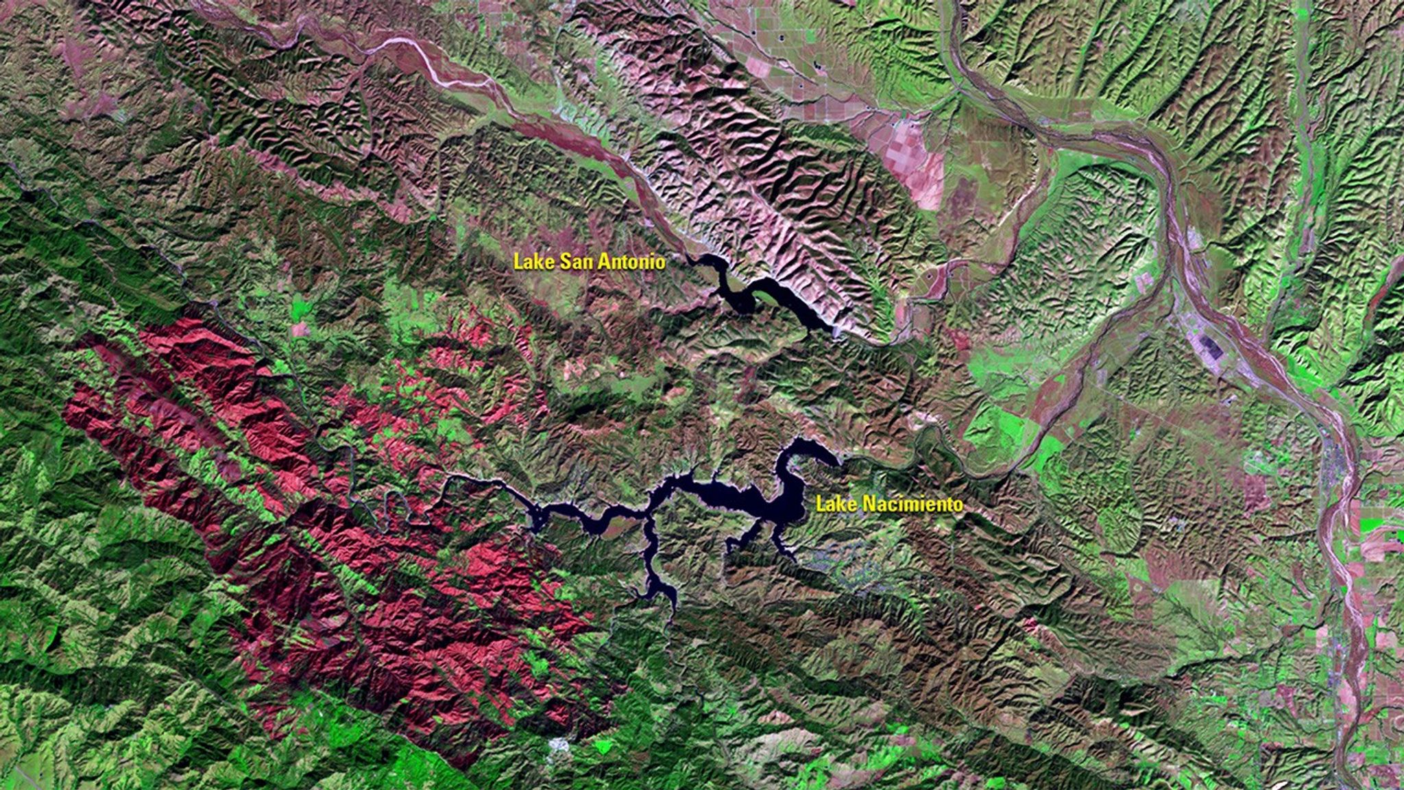 A decade of California drought eased after January 2017, thanks to heavy rains and snow. A year ago, when 40 percent of the state was in exceptional drought (the most severe category), Lake Nacimiento had been only 22 percent full in late 2016, but filled to 81 percent after the much-needed precipitation. Lake San Antonio, only 3 percent full and closed to the public in July 2015, recovered to 26 percent. A red burn scar from the Chimney Fire in August 2016 sits in the lower left of both images. (Drought conditions raise fire danger in the state.) All told, more than 48 percent of California was drought-free as of February 1, 2017, compared to only 5 percent a year ago, according to the Drought Monitor. Images taken by the Landsat 8 satellite. Source: U.S. Geological Survey (USGS) Landsat Missions Gallery: “January Rain, Snow Refills California Reservoirs”; U.S. Department of the Interior / USGS and NASA.