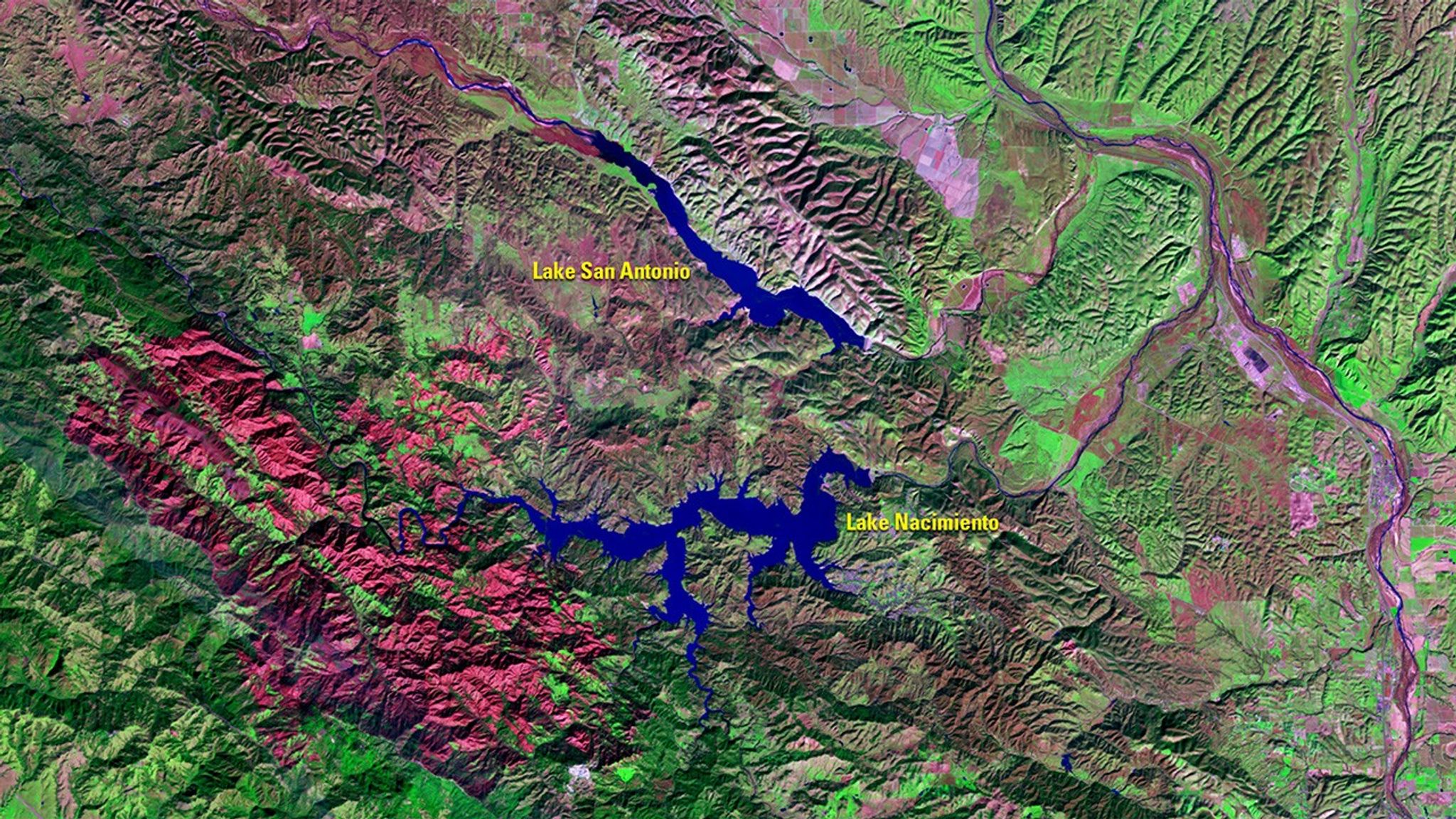 A decade of California drought eased after January 2017, thanks to heavy rains and snow. A year ago, when 40 percent of the state was in exceptional drought (the most severe category), Lake Nacimiento had been only 22 percent full in late 2016, but filled to 81 percent after the much-needed precipitation. Lake San Antonio, only 3 percent full and closed to the public in July 2015, recovered to 26 percent. A red burn scar from the Chimney Fire in August 2016 sits in the lower left of both images. (Drought conditions raise fire danger in the state.) All told, more than 48 percent of California was drought-free as of February 1, 2017, compared to only 5 percent a year ago, according to the Drought Monitor. Images taken by the Landsat 8 satellite. Source: U.S. Geological Survey (USGS) Landsat Missions Gallery: “January Rain, Snow Refills California Reservoirs”; U.S. Department of the Interior / USGS and NASA.
