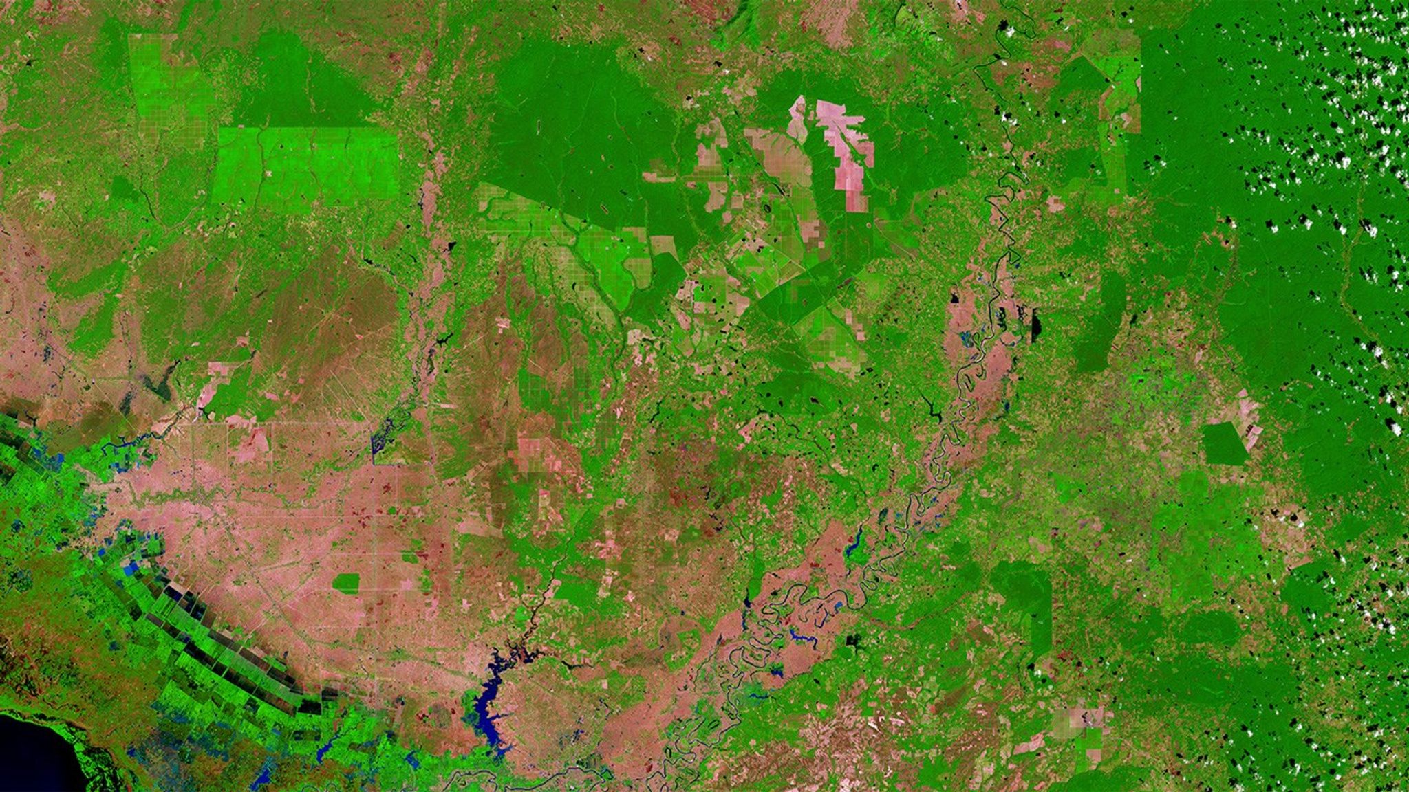 According to University of Maryland researchers who used Landsat satellite data, Cambodia had the world’s most accelerated rate of deforestation between 2001 and 2014, losing 5,560 square miles (about 14,400 square kilometers) of forests during that time. The researchers attributed this rate in part to changes in global rubber prices and a surge in land-concession deals. In these images, dark green shows forests and pinkish-tan shows old, small-plot agricultural areas. In the lower left corner of the 2017 image (right), bright green landscapes peppered with darker blocks are crops, and bright green rectangles at the top left are agroforestry areas where rubber or oil palm plantations have emerged. Left image taken by the Landsat 5 satellite. Right image by Landsat 8. Source: U.S. Geological Survey (USGS) Landsat Missions Gallery: “Cambodia Experiences Rapid Rate of Forest Loss”; U.S. Department of the Interior / USGS and NASA.