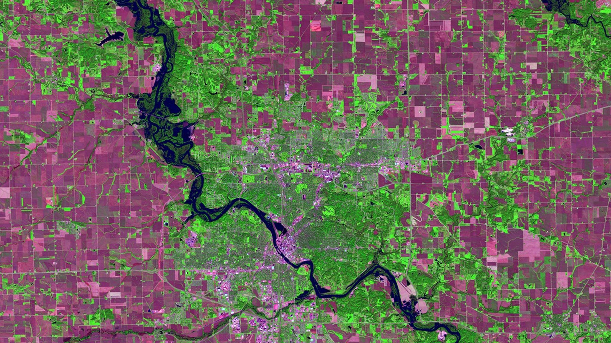 Storms that dropped some 10 inches of rain swelled the Cedar River to 6 feet above its major flood-stage designation at Cedar Rapids, Iowa, on September 27, 2016. Authorities advised some 10,000 residents to evacuate. In these images, the countryside appears green during the growing season (July) and magenta when the crops were ready for harvest (September). Images taken by the Operational Land Imager onboard Landsat 8. Source: U.S. Geological Survey (USGS) Landsat Missions Gallery; U.S. Department of the Interior / USGS and NASA.