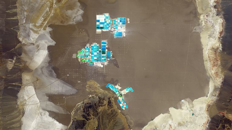 Lithium is a key ingredient in many rechargeable batteries and Chile’s Atacama Desert contains the world’s largest deposit of lithium that is economically practical to recover. Miners retrieve it by pumping lithium-rich brine from underground to evaporation ponds on the surface, where the lithium salts dry out. These images show the increase in evaporation ponds from 1991 to 2018. The lighter the shade of blue, the greater the concentration of lithium salts in the pond. 1991 image taken by Landsat 5. 2018 image taken by Landsat 8. Source: U.S. Geological Survey’s Land Remote Sensing Image Collections.
