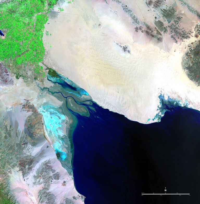 These two pictures illustrate the extremes of water flow in the Colorado River since measurements began in the late 1800s. The 1985 image was taken in the midst of record high flow, while the 2007 image shows the driest period. Excessive rains or severe droughts directly change the amount of water available in the Colorado River Basin, and so does the increasing pressure of human needs throughout the western states. The river, which has its headwaters in the snowmelt of the Rocky Mountains, is 1,400 miles (2,253 kilometers) long and empties into the Gulf of California, also known as the Sea of Cortez. It provides water for drinking, irrigation, electricity, industry, and recreation for seven U.S. and two Mexican states, serving more than 25 million people.   Images taken by the Thematic Mapper sensor onboard Landsat 5. Source: U.S. Geological Survey (USGS) Landsat Missions Gallery, "Colorado River into the Gulf of California," U.S. Department of the Interior / USGS and NASA.