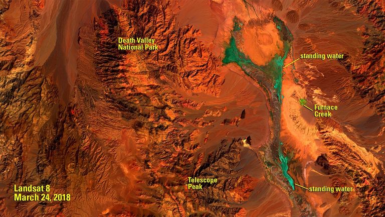 Death Valley is one of the driest places in North America. A typical March sees about a third of an inch (about 8 millimeters) of rain. The 2018 image shows the mountains west of Furnace Creek as the area usually appears during that time of year. Saturated sediment and shallow pools of water are displayed in a light aqua color. The 2019 image shows the same area less than a week after it received more than an inch of rain in just two days. The deeper pools that resulted appear nearly black. Images taken by the Operational Land Imager on Landsat 8. Source: U.S. Geological Survey’s National Land Imaging Image Collections