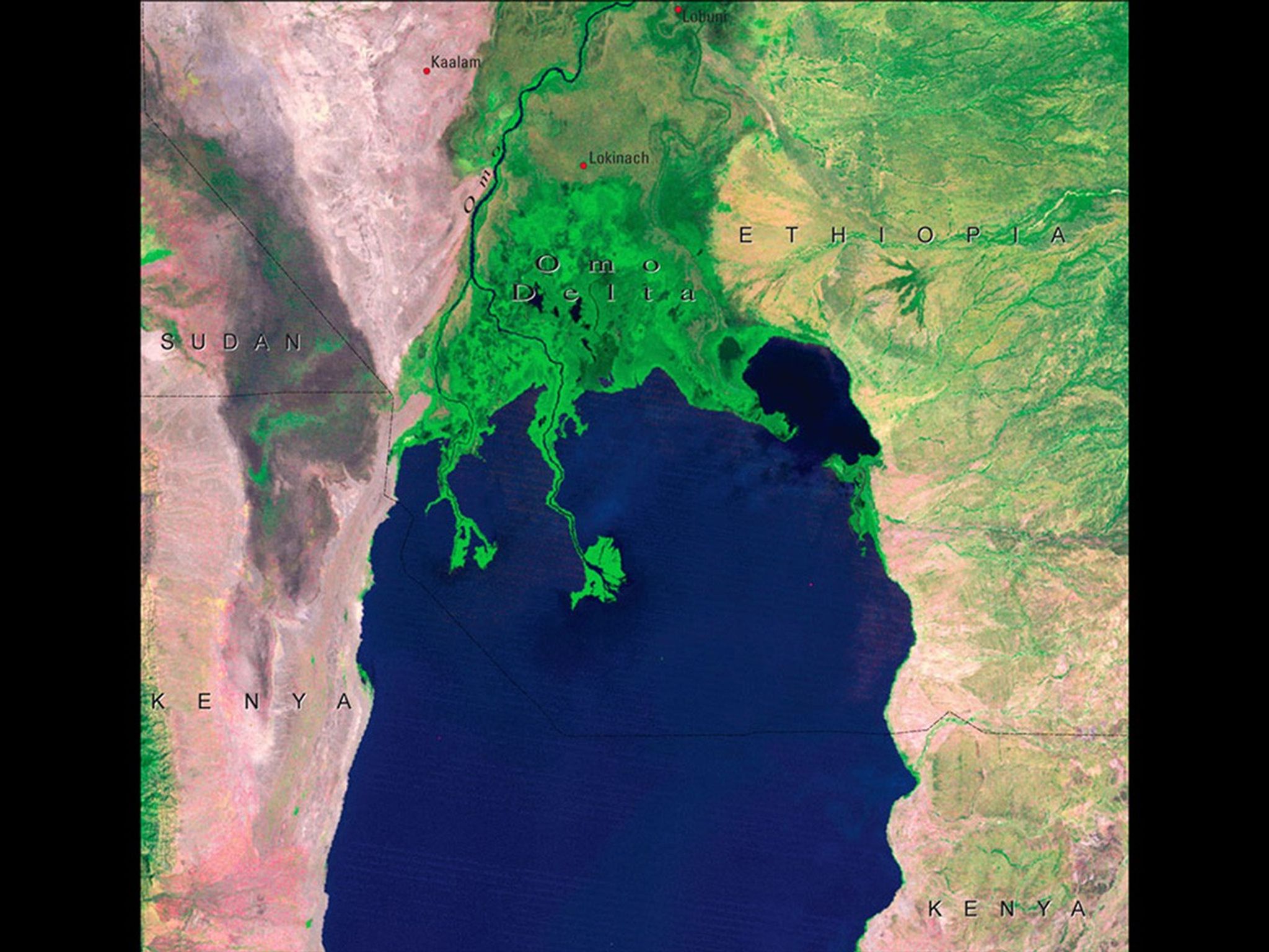The Omo Delta, at the north end of Lake Turkana, a lake now located mainly in Kenya. In 1973, the delta was contained entirely within the boundaries of Ethiopia. By 2005-2006, the southernmost point of the delta had moved roughly 12 kilometers (7 miles) to the south, and had crossed the Ethiopia-Kenya border. Reduced lake levels — from less rain, more diverted upstream water, and increased evaporation due to higher temperatures — are believed to be the primary cause, with an increase in sediment from agricultural activities also contributing. The expanded delta has provided new land for 20,000 Dassanech people, the area’s traditional inhabitants. But severe flooding in 2006 killed 100 of them and destroyed houses, crops and infrastructure.   Source: United Nations Environment Programme (UNEP). From Kenya Atlas of our Changing Environment (2009); Division of Early Warning and Assessment (DEWA), UNEP, Nairobi, Kenya.