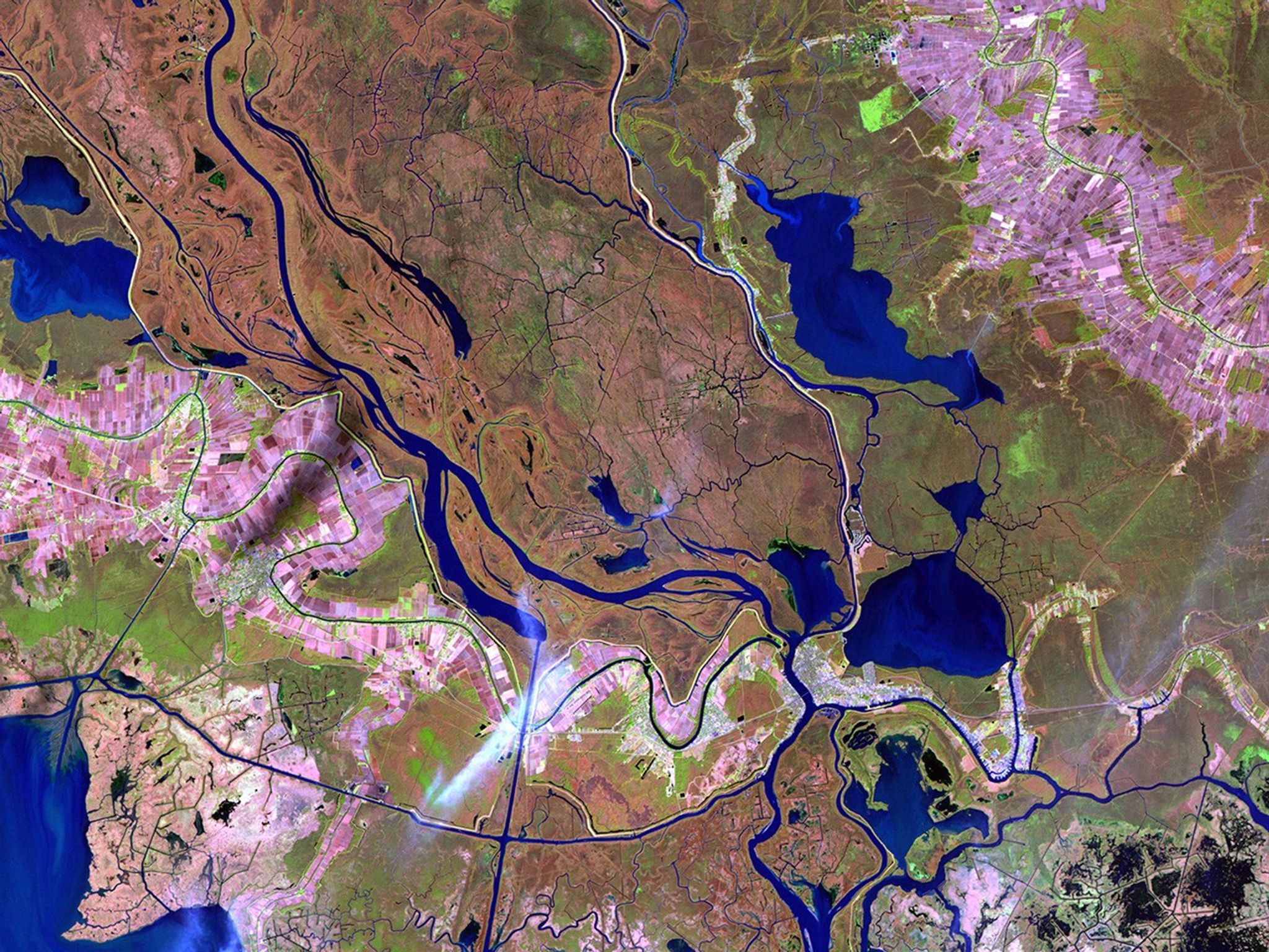 The delta, where the Atchafalaya River flows into the Gulf of Mexico, was formed by sediment following the construction of a canal through Wax Lake in 1941. Since Hurricane Katrina in 2005, the delta has served as a model for restoring wildlife habitat and protection against storm surge in the Mississippi River delta region.   Images taken by the Thematic Mapper sensors aboard Landsat 4 and 5. Source: USGS Landsat Missions Gallery, U.S. Department of the Interior / U.S. Geological Survey.