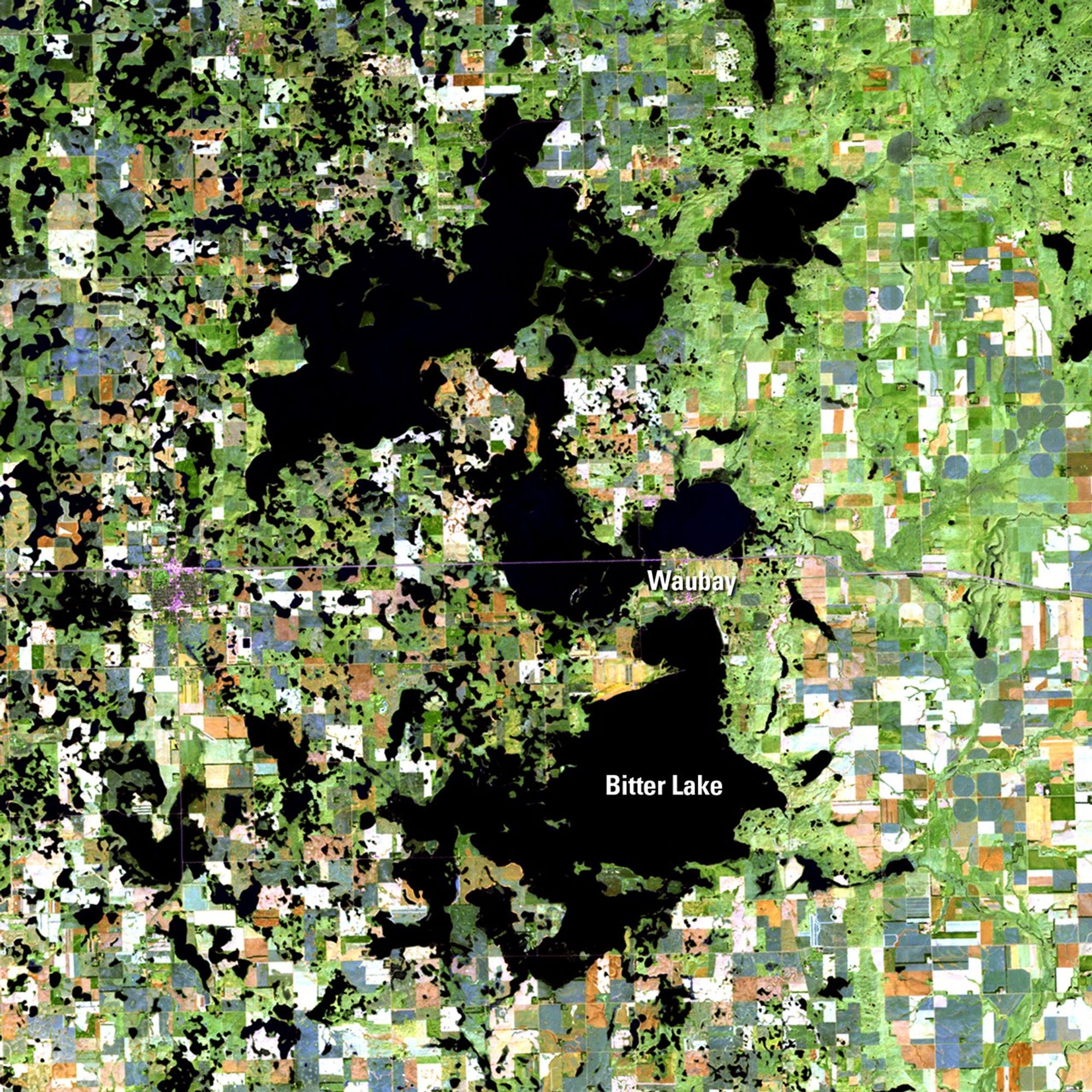 The Coteau des Prairies is a plateau with many small lakes, created from repeated glaciation in northeastern South Dakota. In the past two decades, rising lake waters have been swallowing up farm fields, pasture ranges, roads and homesteads. Bitter Lake is the southern boundary for water flowing from Waubay, Blue Dog, and Rush Lakes from the north, with no established outlet for the water to flow further south. During wet times such as those preceding the 2011 picture, the groundwater levels rise, lake water can't drain into the soil and the area floods. Images taken by the Thematic Mapper sensor onboard Landsat 5. Source: U.S. Geological Survey (USGS) Landsat Missions Gallery, "The Lakes of Eastern Day County, South Dakota," U.S. Department of the Interior / USGS and NASA.