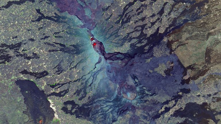In early 2017, the Landsat 8 satellite captured volcanic activity at northern Ethiopia’s Erta Ale, a shield volcano near the Eritrea border. Translated into “smoking mountain” with a vent called “the gateway to hell,” Erta Ale oozed a lava lake on Jan. 10 (left) that outgassed on Feb. 11 (right). Landsat also detected other hot spots on the southeastern slope of the volcano, as shown in the Feb. 11 image. The satellite’s shortwave infrared (SWIR) signal infers increased temperatures where new lava is either at very shallow depths below the surface or gurgling to the surface. Images taken by the Landsat 8 satellite. Source: U.S. Geological Survey (USGS) Landsat Missions Gallery: “Landsat Detects Eruptions at Ethiopian Volcano”; U.S. Department of the Interior / USGS and NASA.