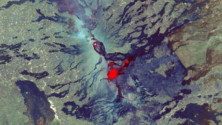 In early 2017, the Landsat 8 satellite captured volcanic activity at northern Ethiopia’s Erta Ale, a shield volcano near the Eritrea border. Translated into “smoking mountain” with a vent called “the gateway to hell,” Erta Ale oozed a lava lake on Jan. 10 (left) that outgassed on Feb. 11 (right). Landsat also detected other hot spots on the southeastern slope of the volcano, as shown in the Feb. 11 image. The satellite’s shortwave infrared (SWIR) signal infers increased temperatures where new lava is either at very shallow depths below the surface or gurgling to the surface. Images taken by the Landsat 8 satellite. Source: U.S. Geological Survey (USGS) Landsat Missions Gallery: “Landsat Detects Eruptions at Ethiopian Volcano”; U.S. Department of the Interior / USGS and NASA.