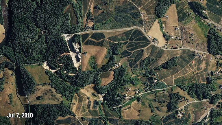 These images compare a Christmas tree farm in Ashe County, North Carolina, before and after a substantial number of trees were harvested. More than half of Christmas trees sold in the U.S. are grown on farms in North Carolina, Michigan and Oregon. They take an average of seven years to grow to a salable height. Images taken by USDA aircraft. Source: U.S. Geological Survey’s National Land Imaging Image Collections