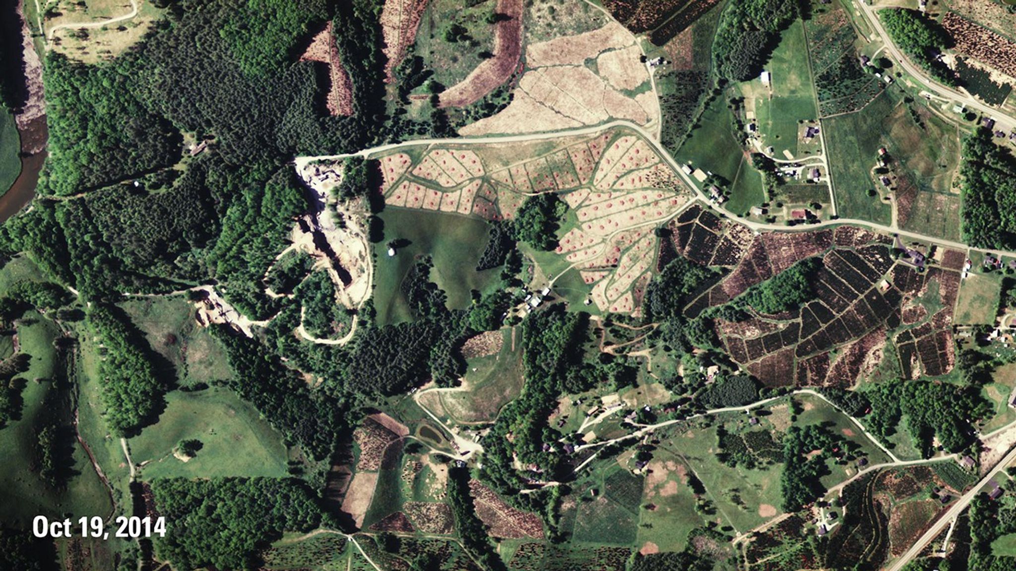 These images compare a Christmas tree farm in Ashe County, North Carolina, before and after a substantial number of trees were harvested. More than half of Christmas trees sold in the U.S. are grown on farms in North Carolina, Michigan and Oregon. They take an average of seven years to grow to a salable height.   Images taken by USDA aircraft. Source: U.S. Geological Survey’s National Land Imaging Image Collections
