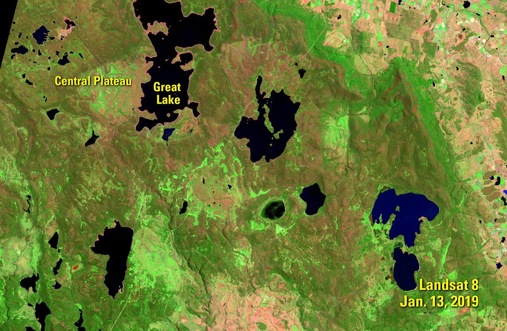 The earlier image shows the Central Plateau of the Australian state of Tasmania, three days before the Tasmania Fire Service announced that lightning strikes had ignited dozens of fires across the island state. The later image shows the spread of the Great Pine Tier fire 13 days after the announcement. In these false-color images, active fire appears bright pink, producing bluish smoke. Scars of burned areas appear dark red to brownish. As of Feb. 7, the fire had consumed nearly 136,000 acres. See also Tasmanian fire, Australia.   Images taken by Landsat 8. Source: U.S. Geological Survey’s National Land Imaging Image Collections