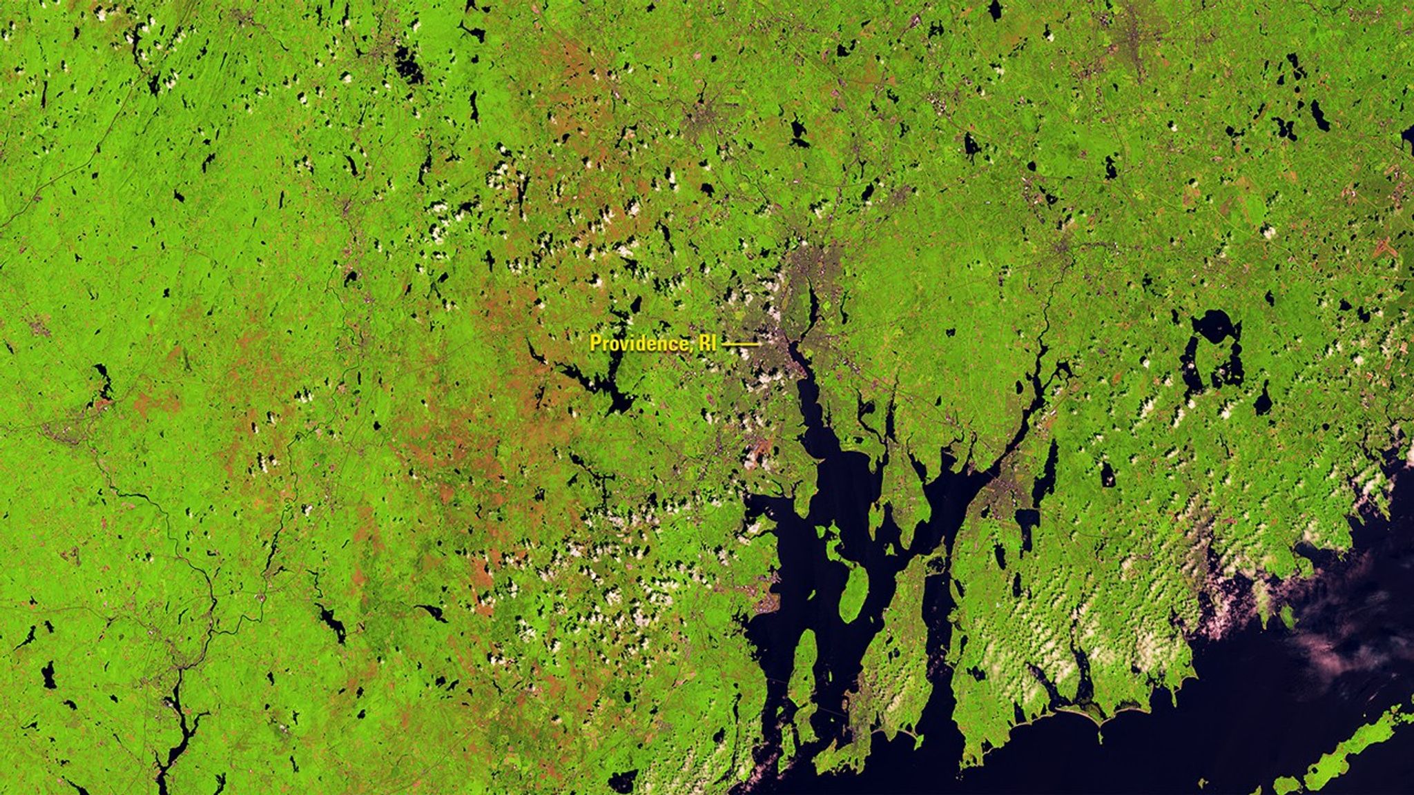 An outbreak of European gypsy moth caterpillars defoliated forests across southern New England and the Mid-Atlantic region of the U.S. during spring and summer, 2016. In the 2015 image of countryside surrounding Providence, Rhode Island, healthy forest appears light green. Damage from the caterpillars appears as a dull peach color in the 2016 image. Two successive dry springs and an accompanying drought, which weakened a ground-dwelling fungus that can kill the caterpillars, are considered responsible for the unusually severe outbreak. Images taken by the Operational Land Imager onboard Landsat 8. Source: U.S. Geological Survey (USGS) Landsat Missions Gallery; U.S. Department of the Interior / USGS and NASA.