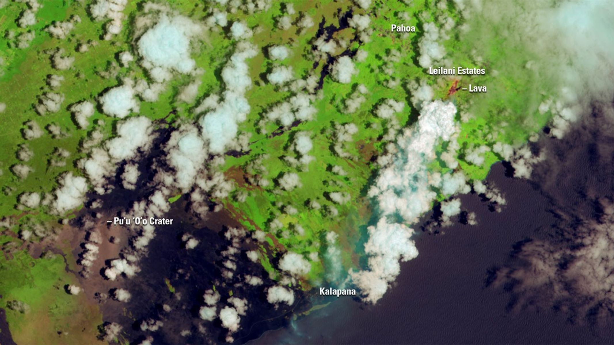 New fissures opened up in the Pu’u ‘O’o Crater of the Kilauea volcano on the island of Hawaii in May 2018, spouting lava that destroyed homes in the Leilani Estates neighborhood. But eruptions from this crater have a history of burying towns. The 1991 image shows a lava flow, extending toward the east along the coastline, which buried the entire community of Kalapana in about 50–80 feet (15–25 meters) of lava the previous year. The 2018 image shows the remnants of a narrower flow between 2014 and 2016 that approached the community of Pahoa.   1991 image taken by Landsat 5. 2018 image taken by the Indian Space Research Organisation’s Resourcesat 2. Source: U.S. Geological Survey’s Land Remote Sensing Image Collections