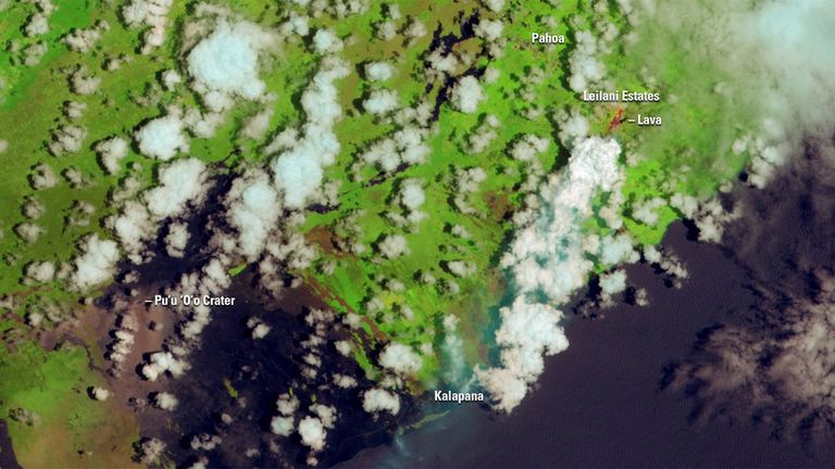 New fissures opened up in the Pu’u ‘O’o Crater of the Kilauea volcano on the island of Hawaii in May 2018, spouting lava that destroyed homes in the Leilani Estates neighborhood. But eruptions from this crater have a history of burying towns. The 1991 image shows a lava flow, extending toward the east along the coastline, which buried the entire community of Kalapana in about 50–80 feet (15–25 meters) of lava the previous year. The 2018 image shows the remnants of a narrower flow between 2014 and 2016 that approached the community of Pahoa. 1991 image taken by Landsat 5. 2018 image taken by the Indian Space Research Organisation’s Resourcesat 2. Source: U.S. Geological Survey’s Land Remote Sensing Image Collections