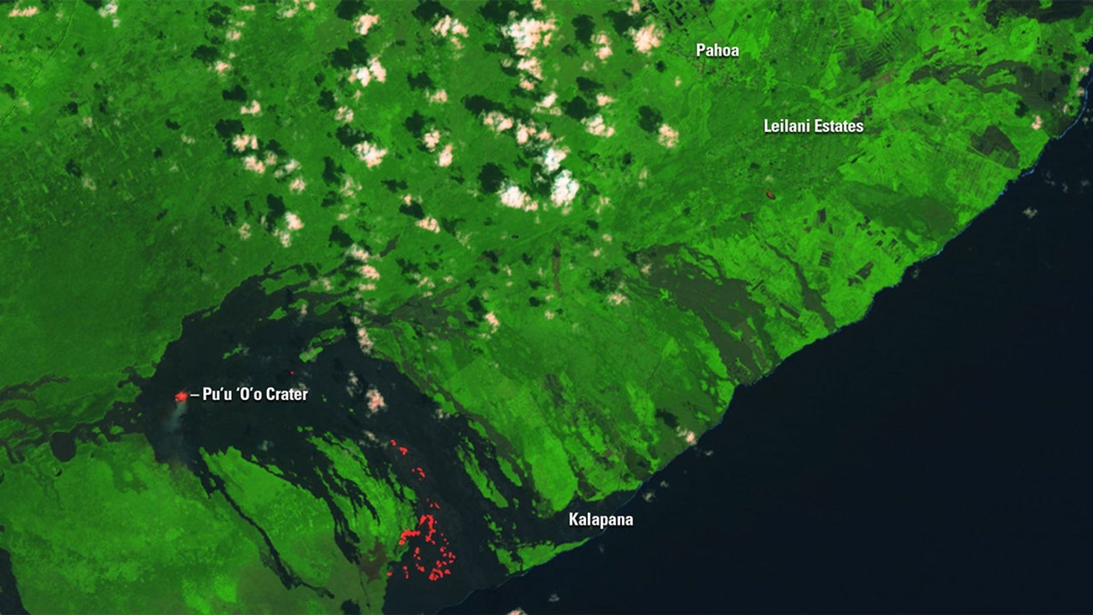 New fissures opened up in the Pu’u ‘O’o Crater of the Kilauea volcano on the island of Hawaii in May 2018, spouting lava that destroyed homes in the Leilani Estates neighborhood. But eruptions from this crater have a history of burying towns. The 1991 image shows a lava flow, extending toward the east along the coastline, which buried the entire community of Kalapana in about 50–80 feet (15–25 meters) of lava the previous year. The 2018 image shows the remnants of a narrower flow between 2014 and 2016 that approached the community of Pahoa.   1991 image taken by Landsat 5. 2018 image taken by the Indian Space Research Organisation’s Resourcesat 2. Source: U.S. Geological Survey’s Land Remote Sensing Image Collections