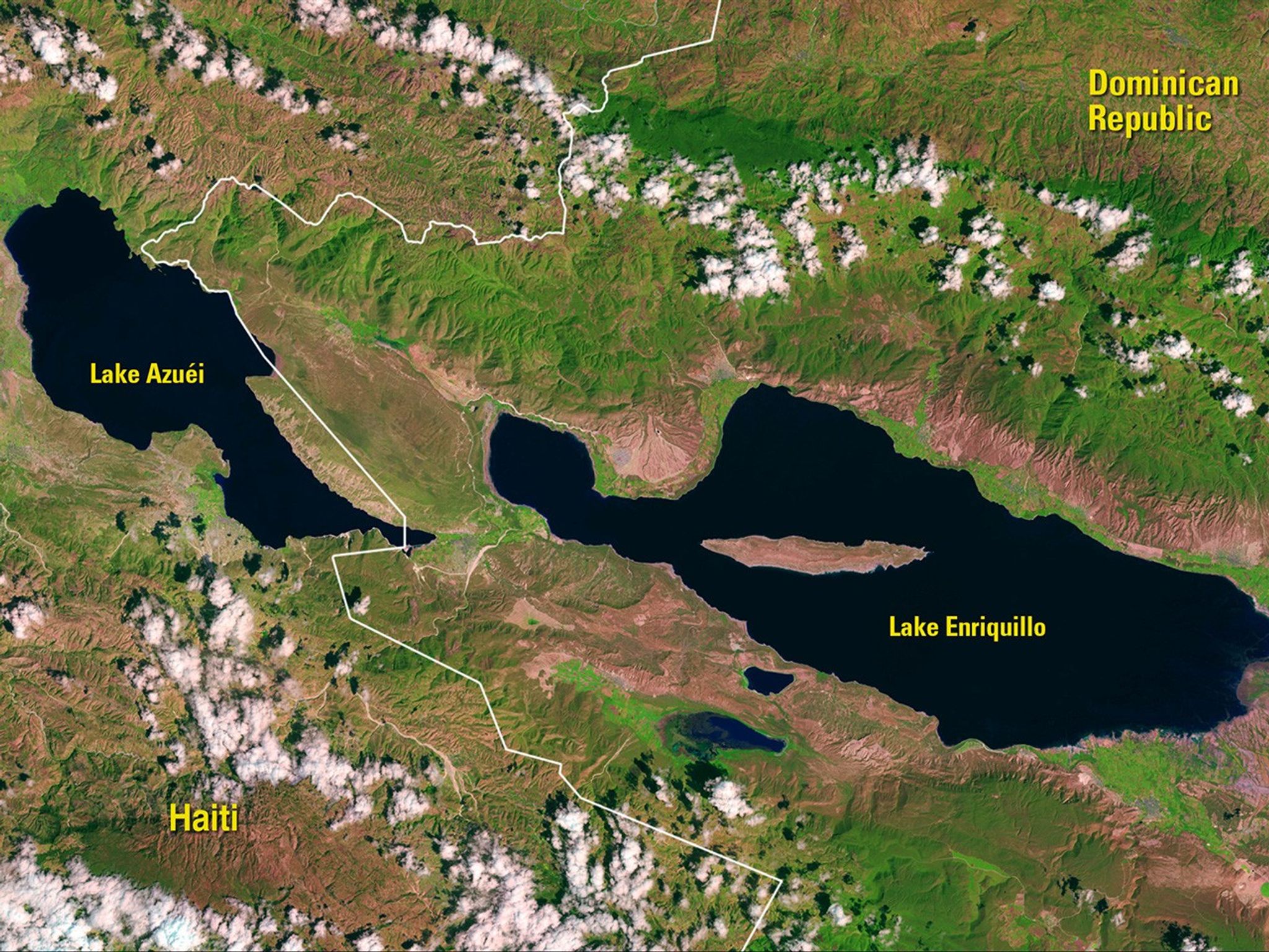 The Dominican Republic’s Lake Enriquillo has doubled in size since 2002. By March 2016, it had engulfed 40,000 acres of farmland and displaced thousands of families. Similarly in Haiti, Lake Azuéi grew by 40 percent in that time period, stretching farther into the neighboring country. Dominican leaders hope damming the Rio Yaque del Sur, the nation’s second-longest river, will keep the lakes from swallowing more farmland and further threatening the fragile ecosystem. Images taken by the Enhanced Thematic Mapper Plus onboard Landsat 7 and the Operational Land Imager onboard Landsat 8. Source: U.S. Geological Survey (USGS) Landsat Missions Gallery; Lake Levels in Hispaniola Rise Dramatically; U.S. Department of the Interior / USGS and NASA.
