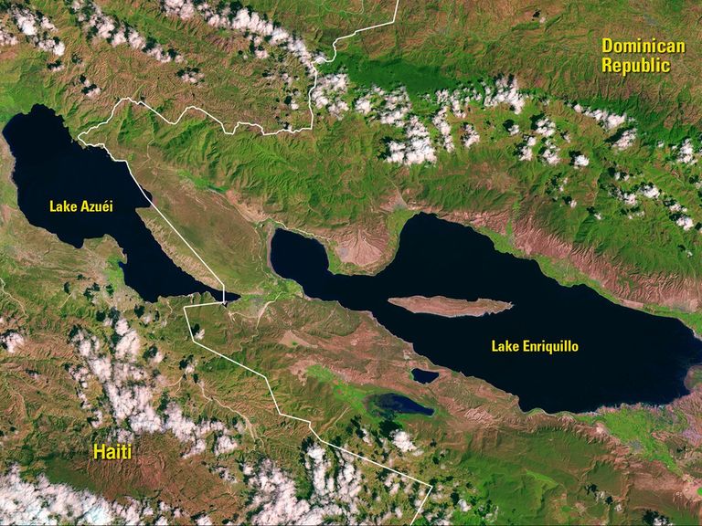 The Dominican Republic’s Lake Enriquillo has doubled in size since 2002. By March 2016, it had engulfed 40,000 acres of farmland and displaced thousands of families. Similarly in Haiti, Lake Azuéi grew by 40 percent in that time period, stretching farther into the neighboring country. Dominican leaders hope damming the Rio Yaque del Sur, the nation’s second-longest river, will keep the lakes from swallowing more farmland and further threatening the fragile ecosystem. Images taken by the Enhanced Thematic Mapper Plus onboard Landsat 7 and the Operational Land Imager onboard Landsat 8. Source: U.S. Geological Survey (USGS) Landsat Missions Gallery; Lake Levels in Hispaniola Rise Dramatically; U.S. Department of the Interior / USGS and NASA.