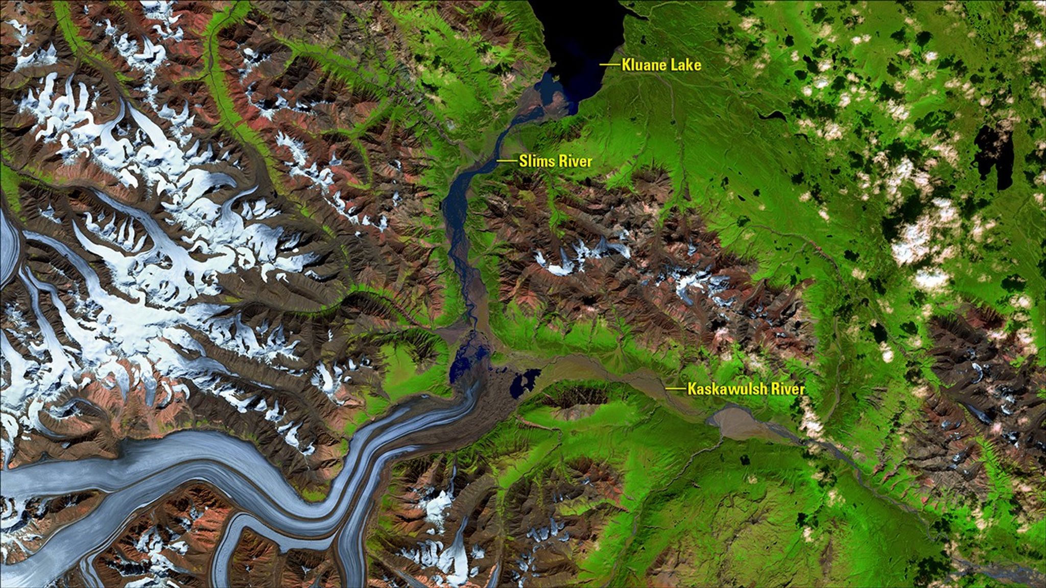 Like most glaciers worldwide, Kaskawulsh Glacier in the Kluane National Park and Reserve of southwestern Yukon Territory, Canada, has receded over the past several decades. A Nature Geoscience article confirms that this receding glacier caused a rare instance of river piracy—the diversion of one stream’s headwaters into another. Instead of flowing north via the Slims River into Kluane Lake, eventually reaching the Yukon River and Bering Sea as it did before spring 2016, most of the meltwater now flows eastward to the Alsek River and Pacific Ocean via the Kaskawulsh River. This diversion brought sediment changes, varied timing of flows from the glacier and water level changes to the channels, possibly permanently altering downstream ecosystems. Images taken by the Landsat 8 satellite. Source: U.S. Geological Survey (USGS) Landsat Missions Gallery: “Kaskawulsh Glacier, Canada”; U.S. Department of the Interior / USGS and NASA.