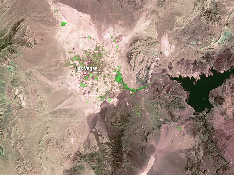 Las Vegas, Nevada, is one of the fastest growing metropolitan areas in the United States. Its population of about 2.2 million in 2017 was more than eight times the 1972 population. In these images, urban development appears green and purple.   1972 image taken by Landsat 1. 2018 image taken by Landsat 8. Source: U.S. Geological Survey’s Land Remote Sensing Image Collections.
