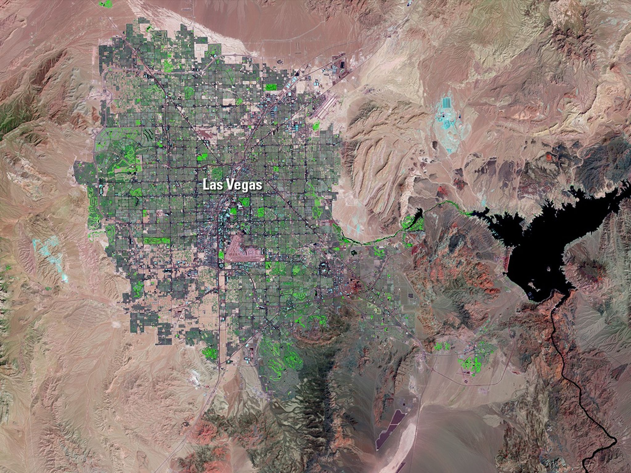 Las Vegas, Nevada, is one of the fastest growing metropolitan areas in the United States. Its population of about 2.2 million in 2017 was more than eight times the 1972 population. In these images, urban development appears green and purple. 1972 image taken by Landsat 1. 2018 image taken by Landsat 8. Source: U.S. Geological Survey’s Land Remote Sensing Image Collections.