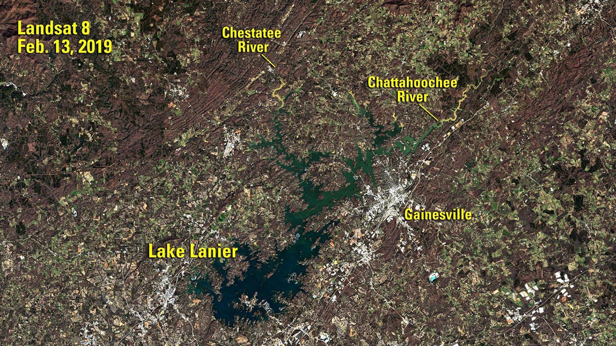 Lake Lanier is a reservoir in northern Georgia, covering 59 square miles (about 153 square kilometers), that is fed by the Chattahoochee and Chestatee rivers. These images compare the lake at low and high water levels. At the time of the 2007 image, Lanier was on its way to a record low of 1,051 feet a few months later. When the 2019 image was taken, the lake was just 11 days away from reaching 1,076 feet, its highest level since the 1970s.   Images taken by Landsat 5 and 8. Source: U.S. Geological Survey’s National Land Imaging Image Collections