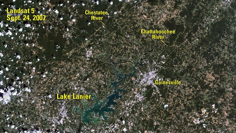 Lake Lanier is a reservoir in northern Georgia, covering 59 square miles (about 153 square kilometers), that is fed by the Chattahoochee and Chestatee rivers. These images compare the lake at low and high water levels. At the time of the 2007 image, Lanier was on its way to a record low of 1,051 feet a few months later. When the 2019 image was taken, the lake was just 11 days away from reaching 1,076 feet, its highest level since the 1970s.   Images taken by Landsat 5 and 8. Source: U.S. Geological Survey’s National Land Imaging Image Collections