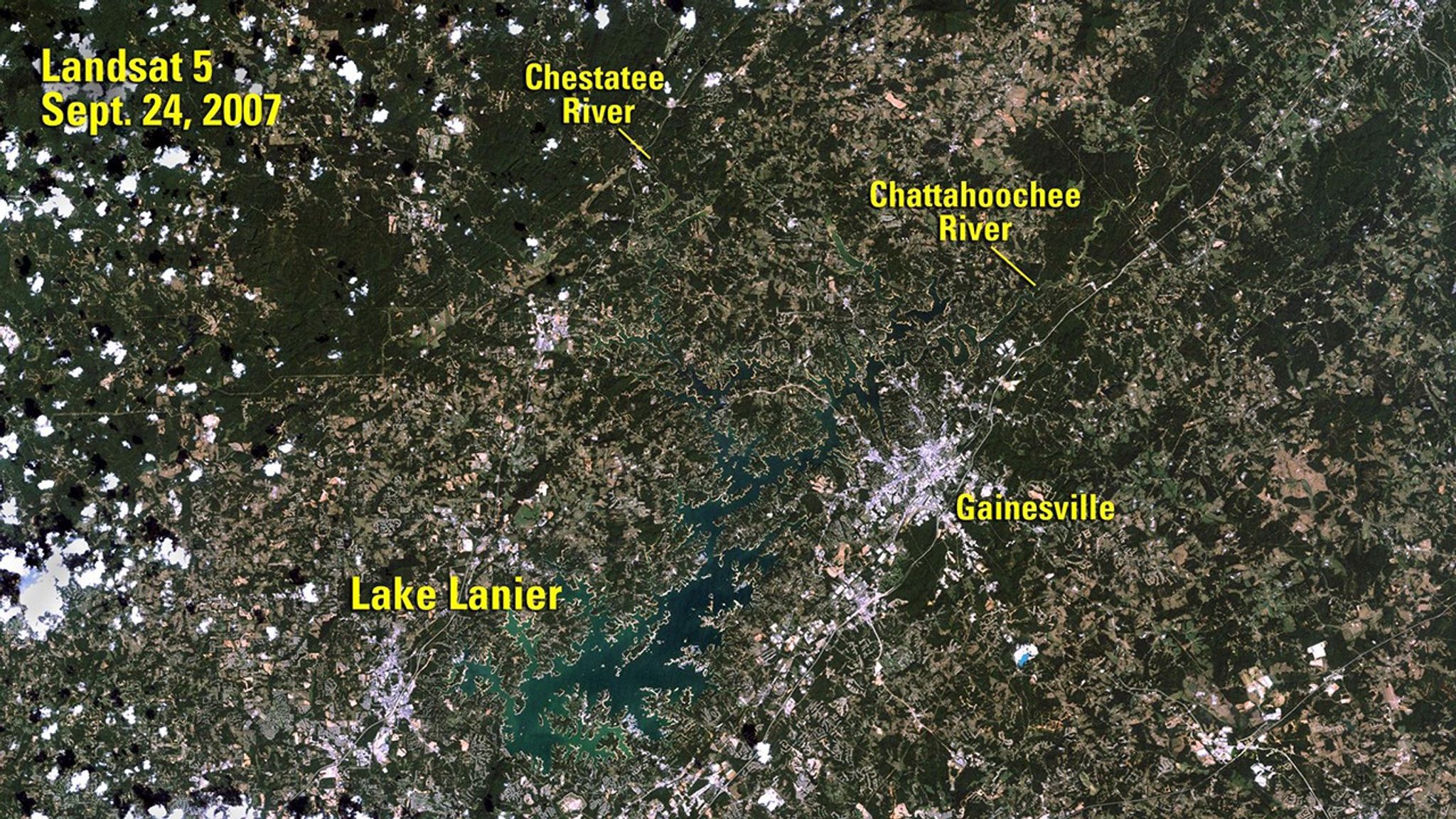 Lake Lanier is a reservoir in northern Georgia, covering 59 square miles (about 153 square kilometers), that is fed by the Chattahoochee and Chestatee rivers. These images compare the lake at low and high water levels. At the time of the 2007 image, Lanier was on its way to a record low of 1,051 feet a few months later. When the 2019 image was taken, the lake was just 11 days away from reaching 1,076 feet, its highest level since the 1970s.   Images taken by Landsat 5 and 8. Source: U.S. Geological Survey’s National Land Imaging Image Collections