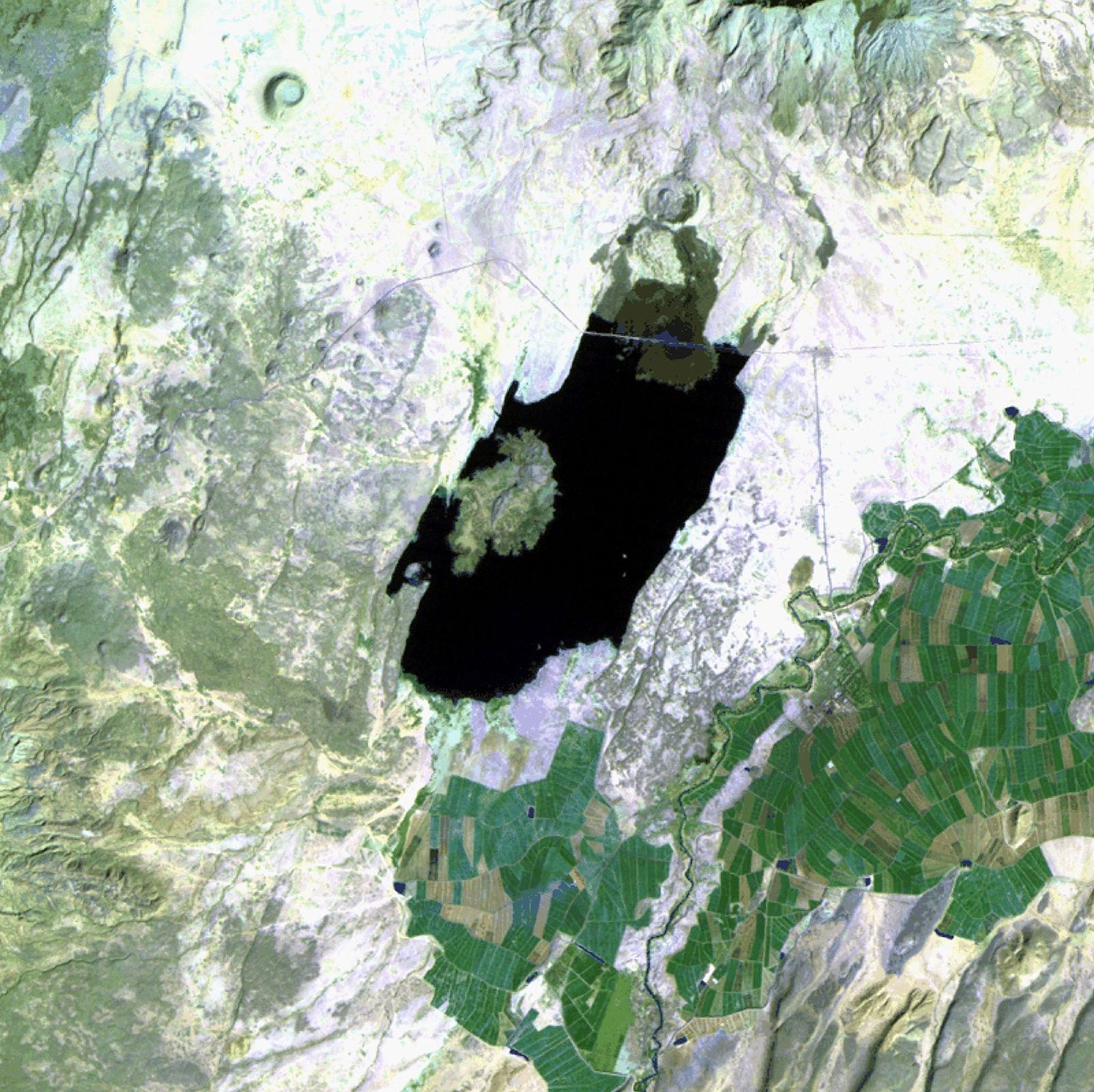 Lake Basaka in the Central Rift Valley of Ethiopia has expanded greatly during the past 35 years, raising the groundwater table and increasing the salinity of water reserves. That salinity has impacted local sugarcane production, a major source of income for the region, and many agricultural fields have been abandoned. While the cause of the lake's expansion is still being studied, a likely cause is the discharge of excess irrigation water directly into the lake. Images taken by the Thematic Mapper sensor onboard Landsat 5. Source: USGS Landsat Missions Gallery, "Lake Basaka, Ethiopia," U.S. Department of the Interior / U.S. Geological Survey.