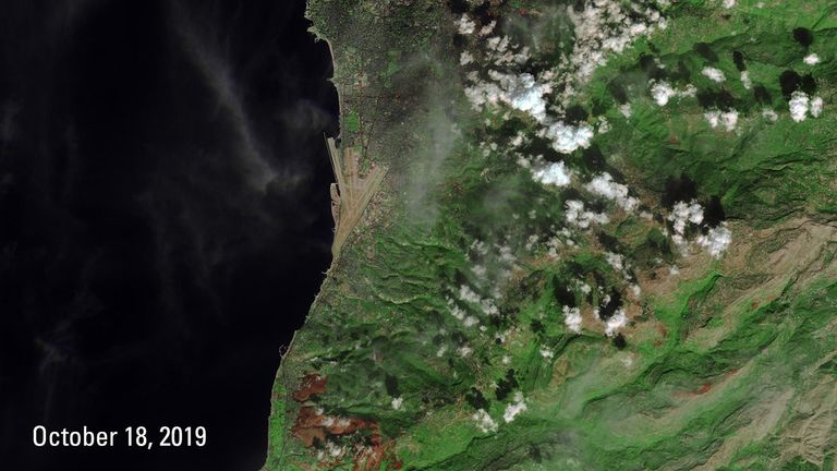 The Oct. 8 image shows a portion of Lebanon before the wildfires of mid-October 2019. The burn scars they left are visible as brown patches at the bottom of the Oct. 18 image. North of the scars is Beirut, the country's capital, where protesters set numerous fires, seen in the later image as red dots. Images taken by the European Space Agency's Sentinel-2A satellite. Source: U.S. Geological Survey’s National Land Imaging Image Collections