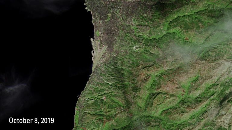 The Oct. 8 image shows a portion of Lebanon before the wildfires of mid-October 2019. The burn scars they left are visible as brown patches at the bottom of the Oct. 18 image. North of the scars is Beirut, the country's capital, where protesters set numerous fires, seen in the later image as red dots. Images taken by the European Space Agency's Sentinel-2A satellite. Source: U.S. Geological Survey’s National Land Imaging Image Collections