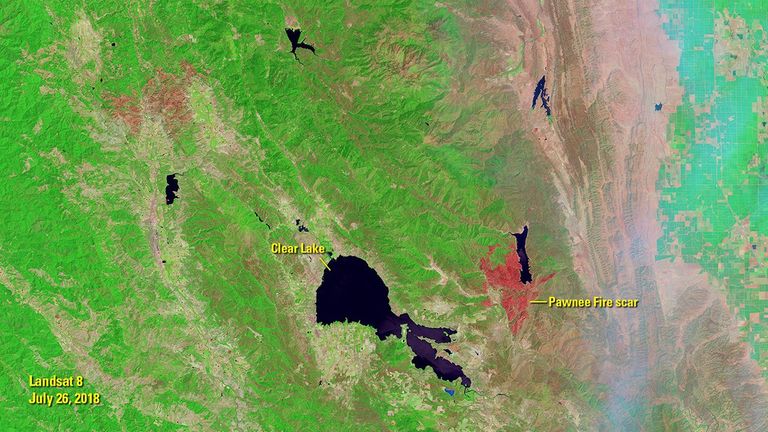 The 2018 Ranch and River fires in Northern California are known jointly as the Mendocino Complex fire, the largest wildfire since reliable record-keeping in California began in 1932. The July image was taken the day before the fires broke out. (The reddish burn scar visible in that image is from the Pawnee fire of late June 2018.) Under hot, dry, windy conditions, the Ranch and River fires spread rapidly, burning more than 328,000 acres by the time of the August image and some 459,000 acres in all.   Images taken by Landsat 8. Source: U.S. Geological Survey’s National Land Imaging Image Collections and California Department of Forestry and Fire Protection (CAL FIRE).