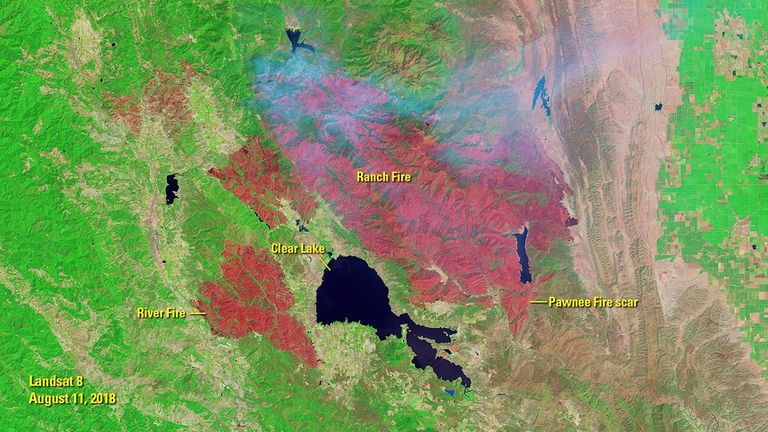The 2018 Ranch and River fires in Northern California are known jointly as the Mendocino Complex fire, the largest wildfire since reliable record-keeping in California began in 1932. The July image was taken the day before the fires broke out. (The reddish burn scar visible in that image is from the Pawnee fire of late June 2018.) Under hot, dry, windy conditions, the Ranch and River fires spread rapidly, burning more than 328,000 acres by the time of the August image and some 459,000 acres in all.   Images taken by Landsat 8. Source: U.S. Geological Survey’s National Land Imaging Image Collections and California Department of Forestry and Fire Protection (CAL FIRE).