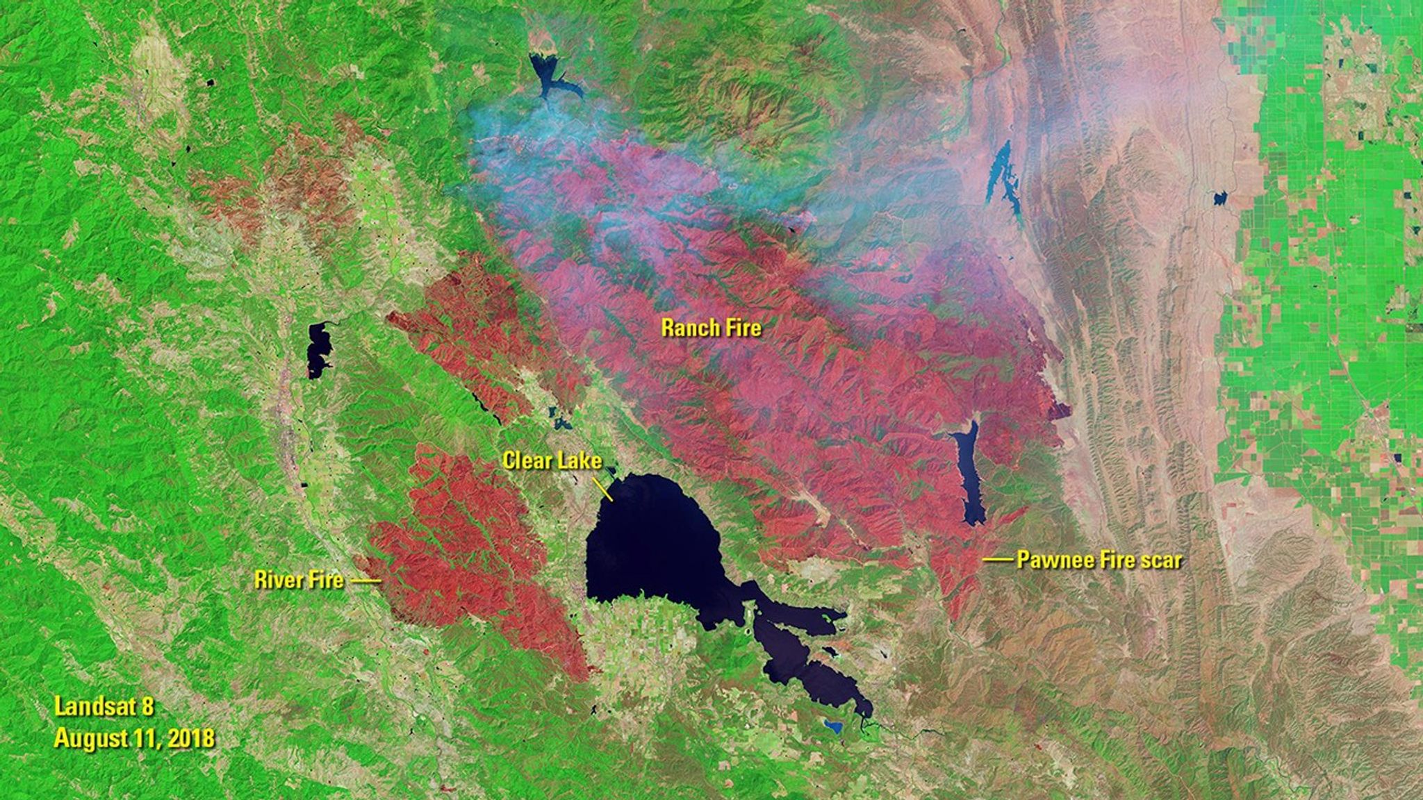 The 2018 Ranch and River fires in Northern California are known jointly as the Mendocino Complex fire, the largest wildfire since reliable record-keeping in California began in 1932. The July image was taken the day before the fires broke out. (The reddish burn scar visible in that image is from the Pawnee fire of late June 2018.) Under hot, dry, windy conditions, the Ranch and River fires spread rapidly, burning more than 328,000 acres by the time of the August image and some 459,000 acres in all. Images taken by Landsat 8. Source: U.S. Geological Survey’s National Land Imaging Image Collections and California Department of Forestry and Fire Protection (CAL FIRE).